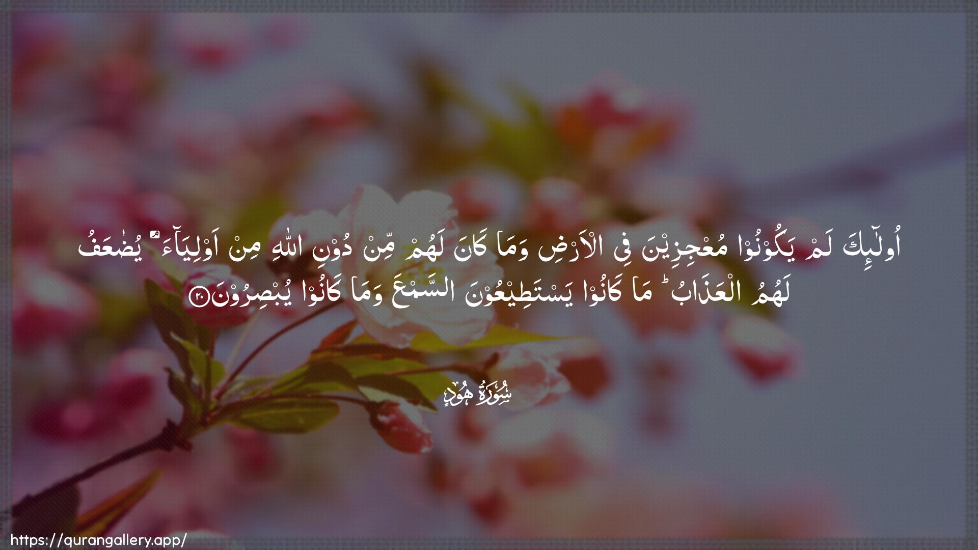 Surah Hud Ayah 20 of 11 HD Wallpaper: Download Beautiful horizontal Quran Verse Image | Ola-ika lam yakoonoo muAAjizeena feeal-ardi wama kana lahum min dooni Allahimin awliyaa yudaAAafu lahumu alAAathabu makanoo yastateeAAoona assamAAa wama kanooyubsiroon