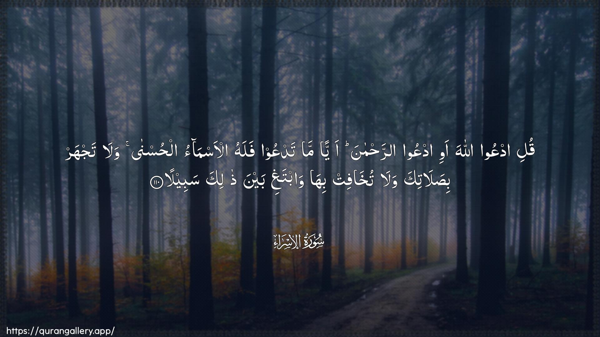 Surah Al-Israa Ayah 110 of 17 HD Wallpaper: Download Beautiful horizontal Quran Verse Image | Quli odAAoo Allaha awi odAAoo arrahmanaayyan ma tadAAoo falahu al-asmao alhusnawala tajhar bisalatika wala tukhafitbiha wabtaghi bayna thalika sabeela