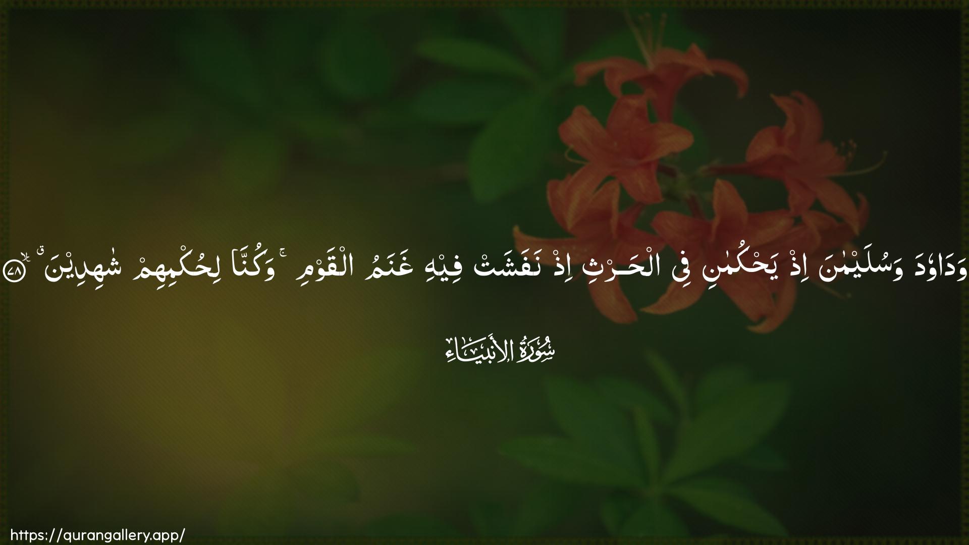 Surah Al-Anbiyaa Ayah 78 of 21 HD Wallpaper: Download Beautiful horizontal Quran Verse Image | Wadawooda wasulaymana ithyahkumani fee alharthi ith nafashatfeehi ghanamu alqawmi wakunna lihukmihim shahideen