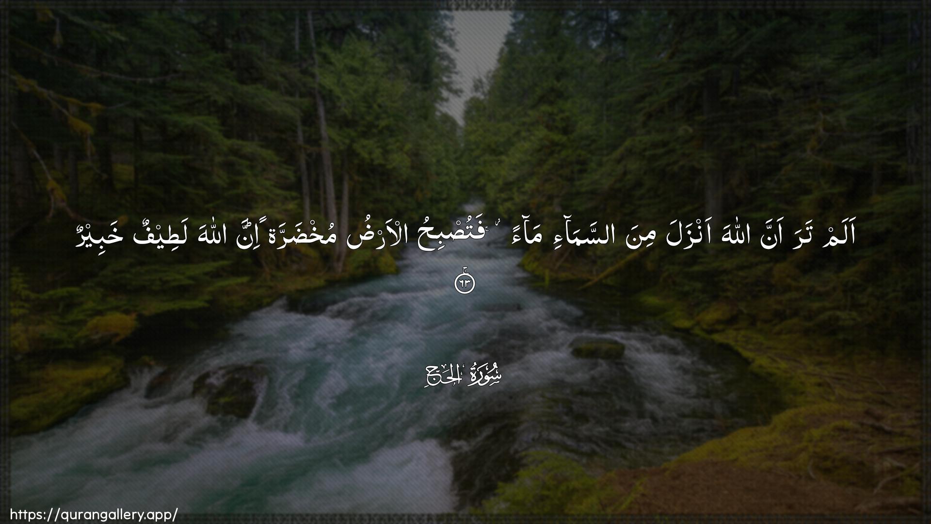 Surah Al-Hajj Ayah 63 of 22 HD Wallpaper: Download Beautiful horizontal Quran Verse Image | Alam tara anna Allaha anzala mina assama-imaan fatusbihu al-ardu mukhdarrataninna Allaha lateefun khabeer