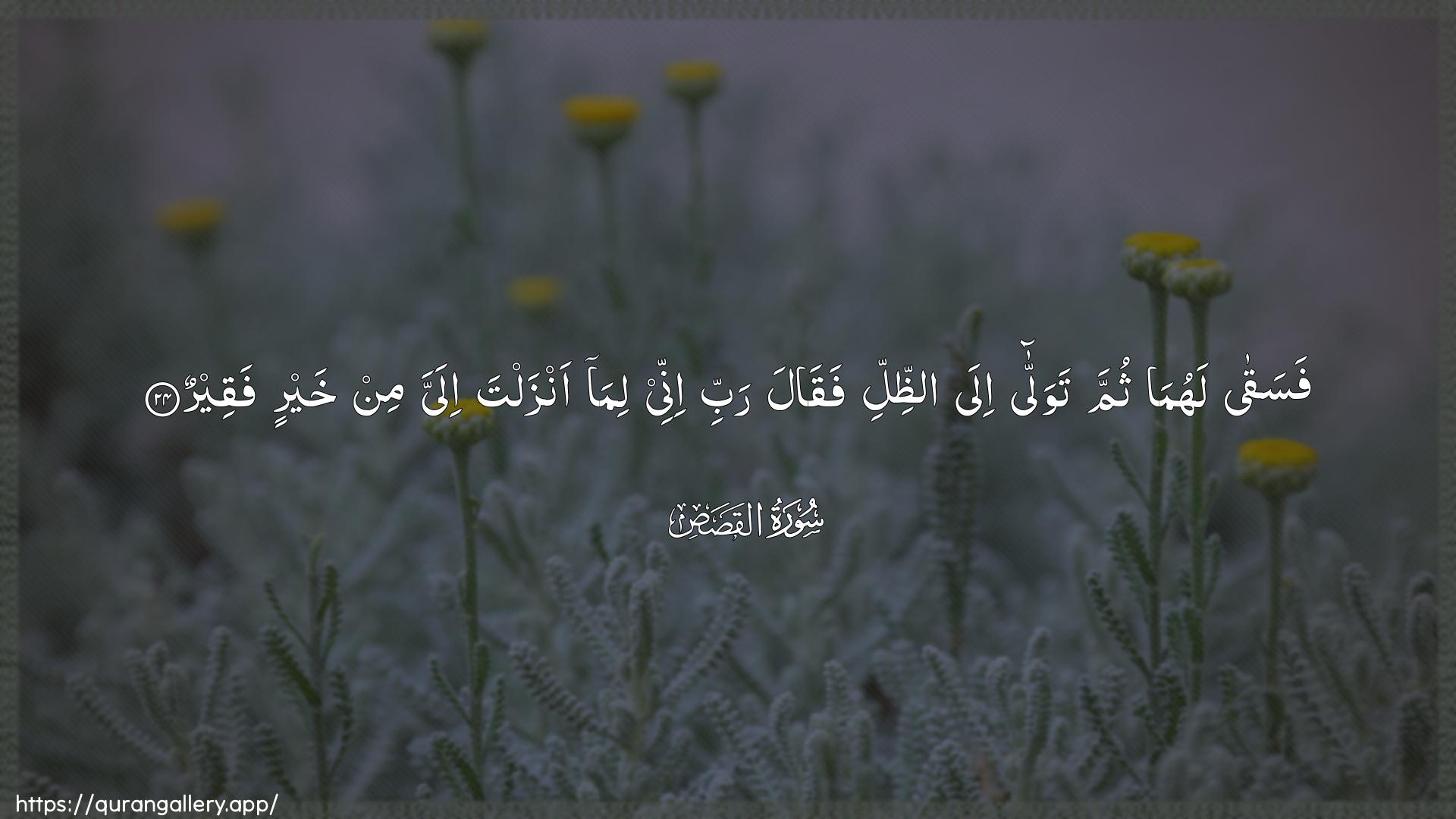 Surah Al-Qasas Ayah 24 of 28 HD Wallpaper: Download Beautiful horizontal Quran Verse Image | Fasaqa lahuma thumma tawallaila aththilli faqala rabbiinnee lima anzalta ilayya min khayrin faqeer