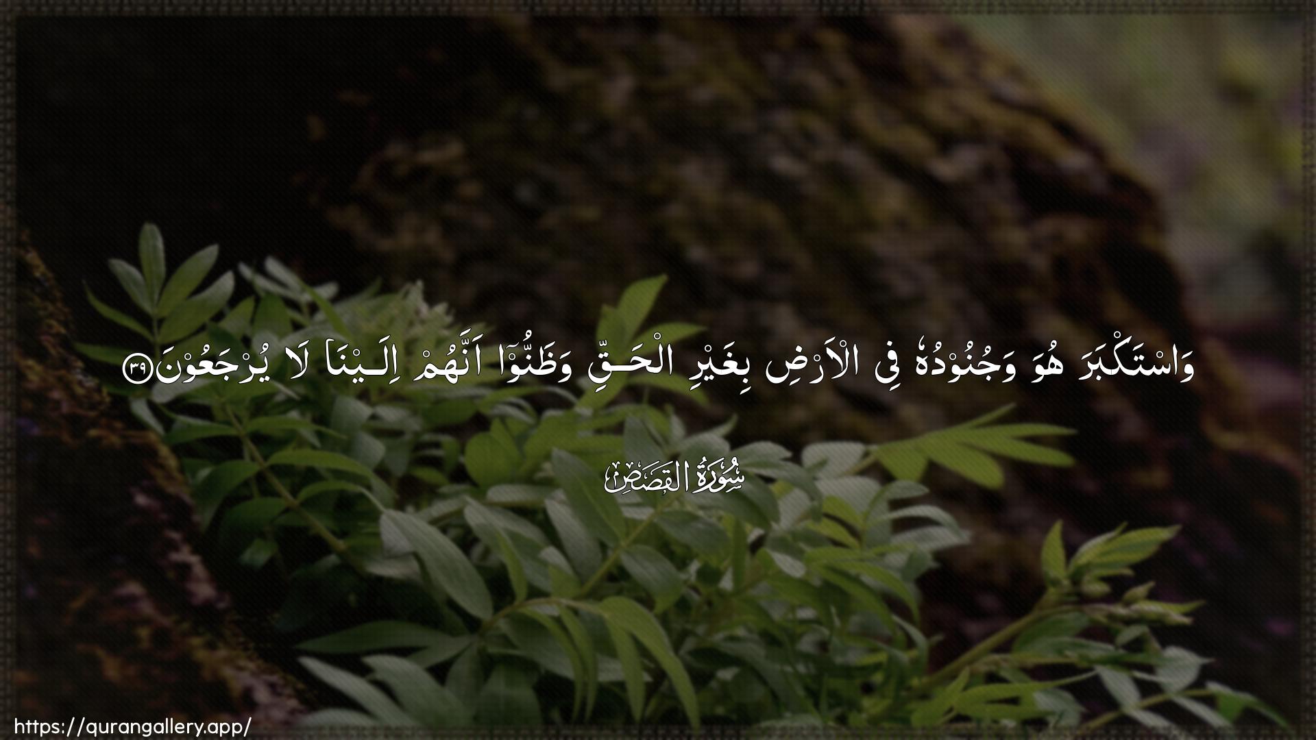 Surah Al-Qasas Ayah 39 of 28 HD Wallpaper: Download Beautiful horizontal Quran Verse Image | Wastakbara huwa wajunooduhu feeal-ardi bighayri alhaqqi wathannooannahum ilayna la yurjaAAoon