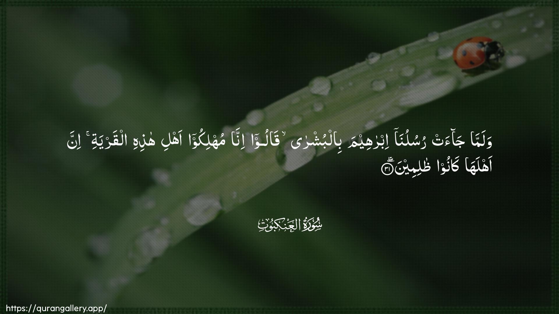 Surah Al-Ankaboot Ayah 31 of 29 HD Wallpaper: Download Beautiful horizontal Quran Verse Image | Walamma jaat rusulunaibraheema bilbushra qaloo innamuhlikoo ahli hathihi alqaryati inna ahlaha kanoothalimeen