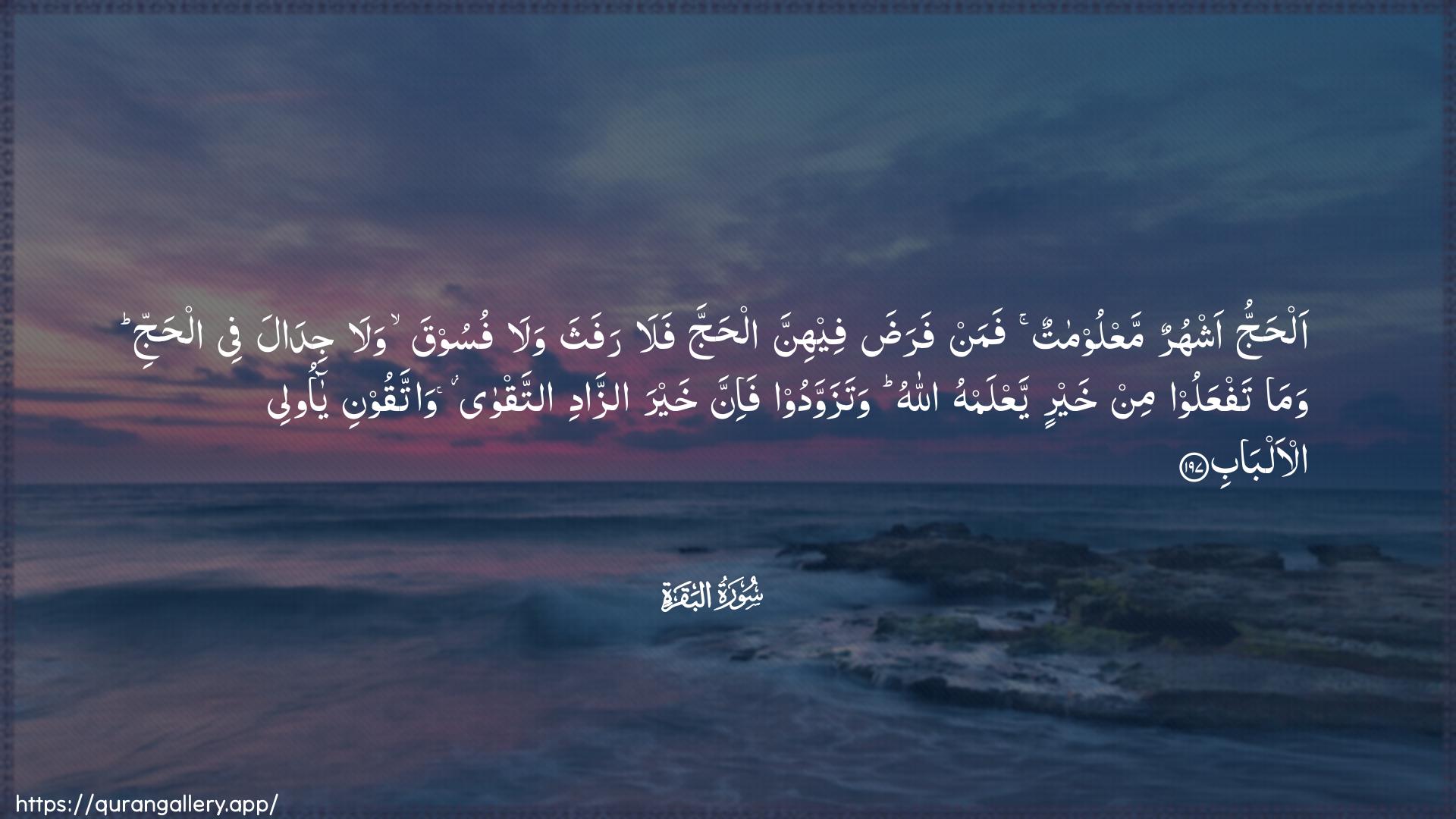 Surah Al-Baqara Ayah 197 of 2 HD Wallpaper: Download Beautiful horizontal Quran Verse Image | Alhajju ashhurun maAAloomatunfaman farada feehinna alhajja fala rafathawala fusooqa wala jidala fee alhajjiwama tafAAaloo min khayrin yaAAlamhu Allahuwatazawwadoo fa-inna khayra azzadi attaqwawattaqooni ya olee al-albab