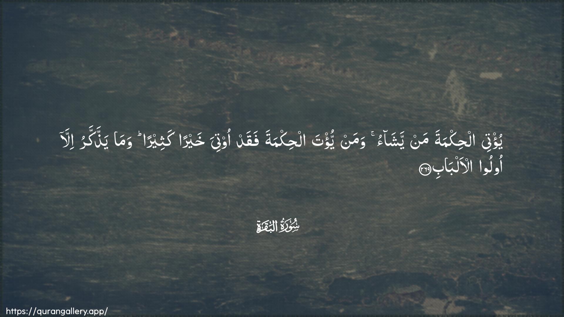 Surah Al-Baqara Ayah 269 of 2 HD Wallpaper: Download Beautiful horizontal Quran Verse Image | Yu/tee alhikmata man yashaowaman yu/ta alhikmata faqad ootiya khayran katheeran wamayaththakkaru illa oloo al-albab