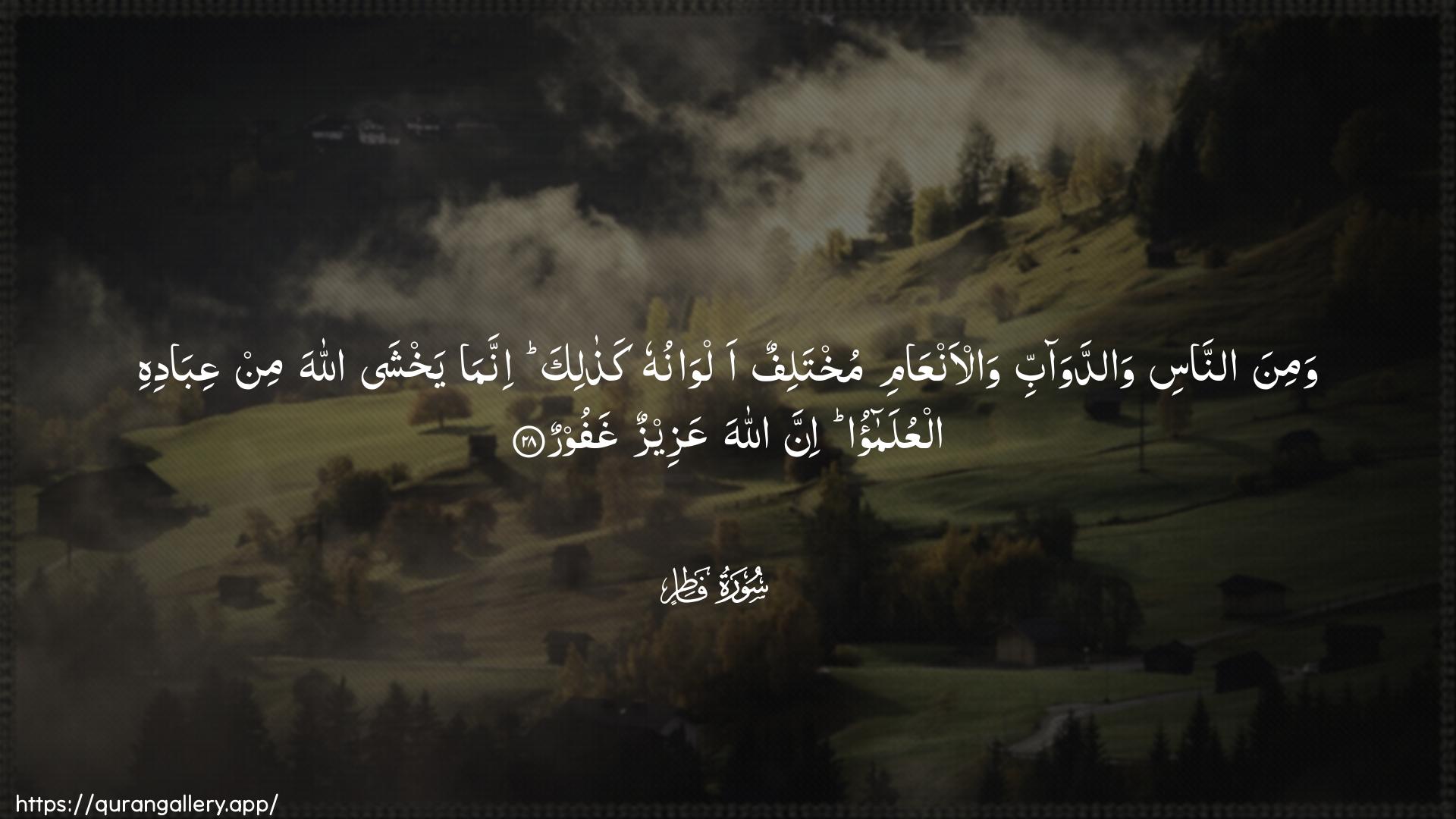 Surah Faatir Ayah 28 of 35 HD Wallpaper: Download Beautiful horizontal Quran Verse Image | Wamina annasi waddawabbiwal-anAAami mukhtalifun alwanuhu kathalikainnama yakhsha Allaha min AAibadihialAAulamao inna Allaha AAazeezun ghafoor