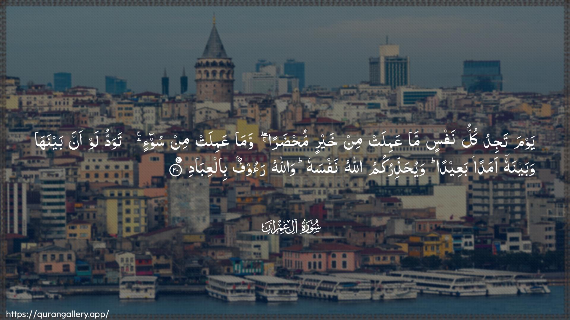 Surah Aal-i-Imraan Ayah 30 of 3 HD Wallpaper: Download Beautiful horizontal Quran Verse Image | Yawma tajidu kullu nafsin ma AAamilatmin khayrin muhdaran wama AAamilat min soo-intawaddu law anna baynaha wabaynahu amadan baAAeedan wayuhaththirukumuAllahu nafsahu wallahu raoofun bilAAibad