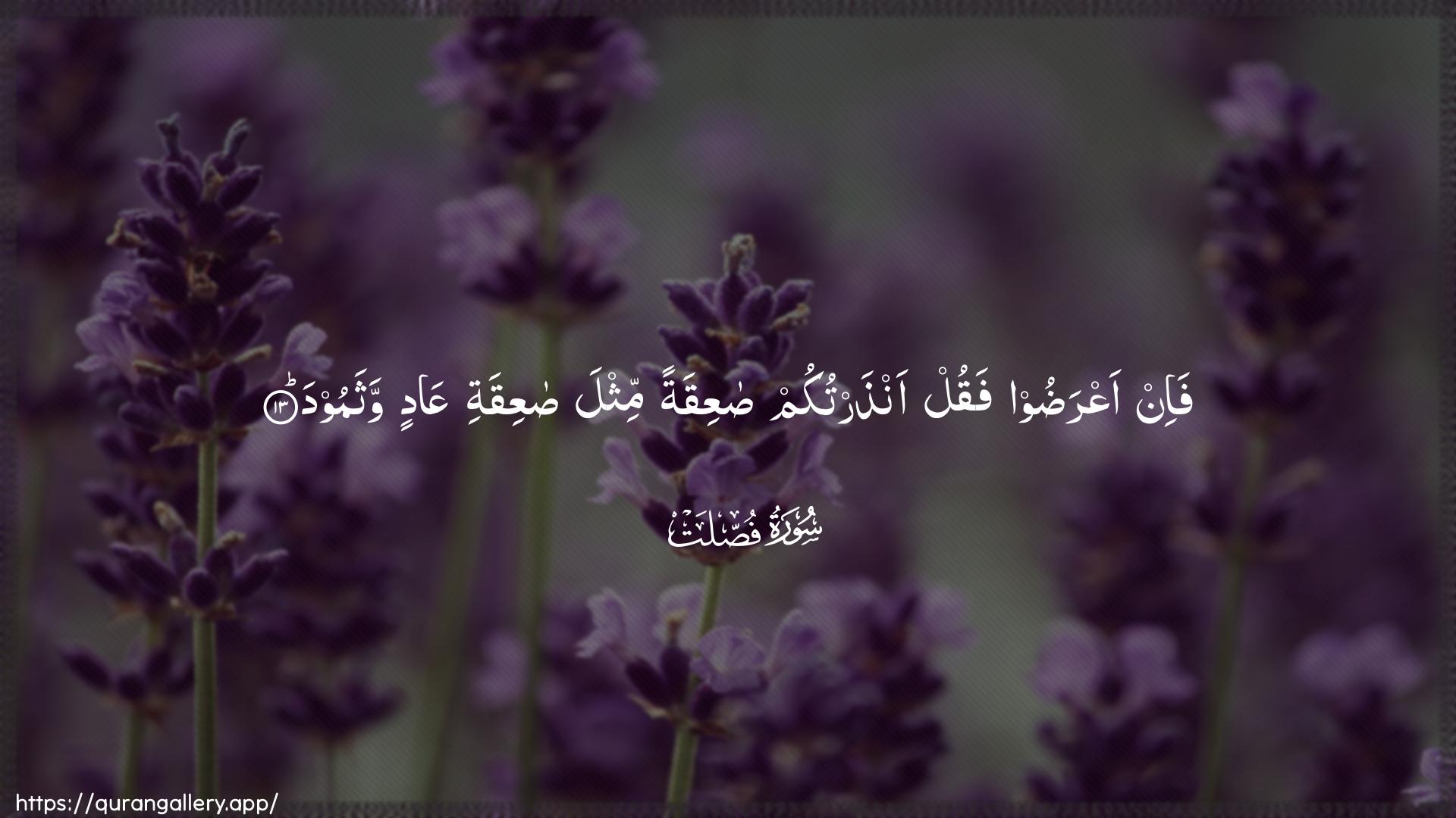 Surah Fussilat Ayah 13 of 41 HD Wallpaper: Download Beautiful horizontal Quran Verse Image | Fa-in aAAradoo fuqul anthartukumsaAAiqatan mithla saAAiqati AAadin wathamood