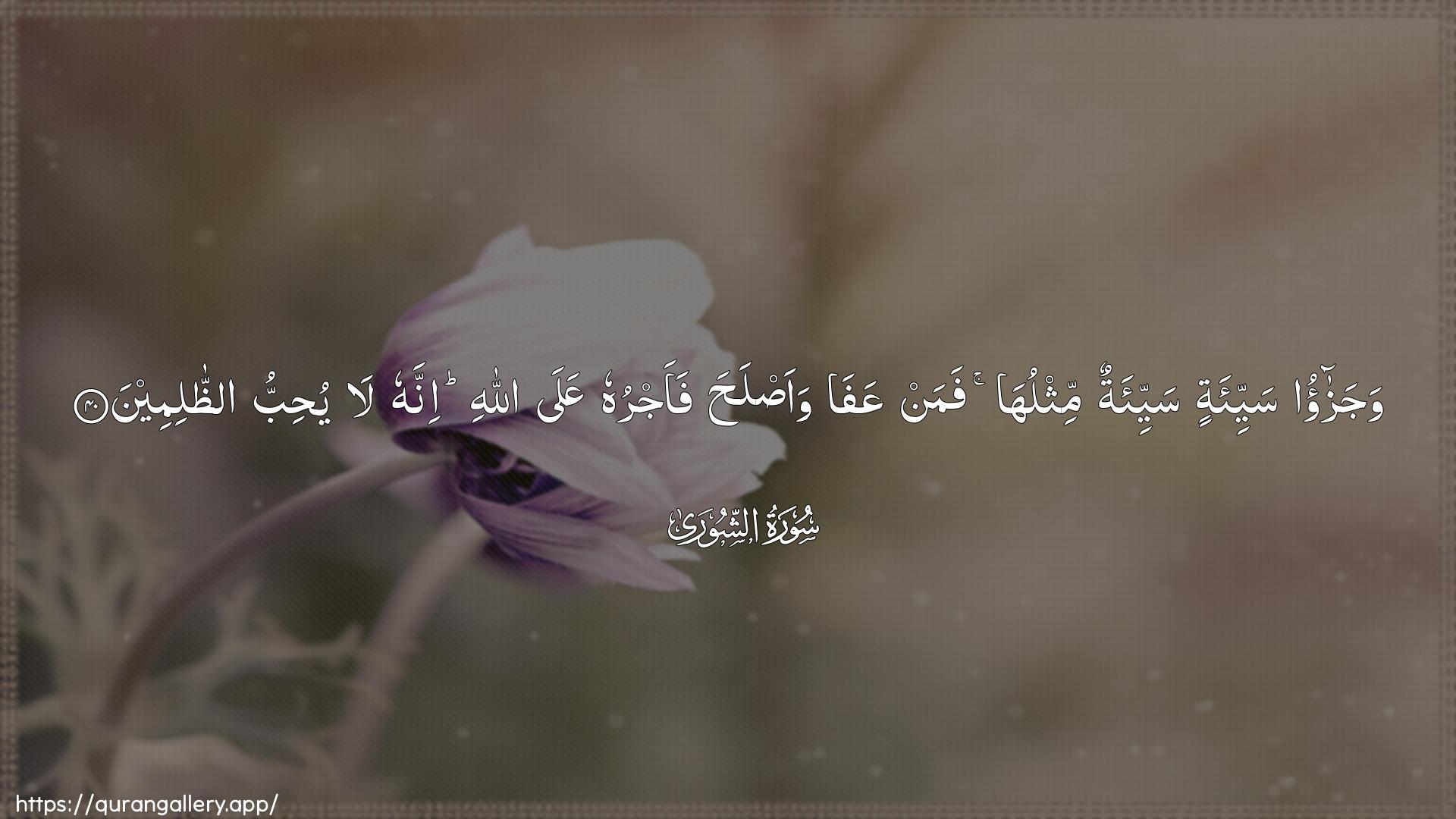 Surah Ash-Shura Ayah 40 of 42 HD Wallpaper: Download Beautiful horizontal Quran Verse Image | Wajazao sayyi-atin sayyi-atun mithluhafaman AAafa waaslaha faajruhu AAalaAllahi innahu la yuhibbu aththalimeen