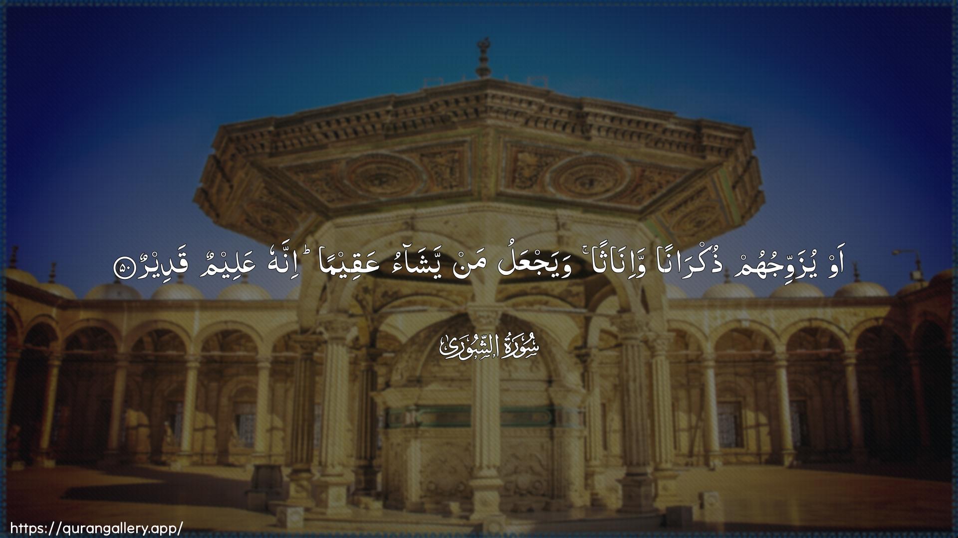 Surah Ash-Shura Ayah 50 of 42 HD Wallpaper: Download Beautiful horizontal Quran Verse Image | Aw yuzawwijuhum thukrananwa-inathan wayajAAalu man yashao AAaqeeman innahuAAaleemun qadeer