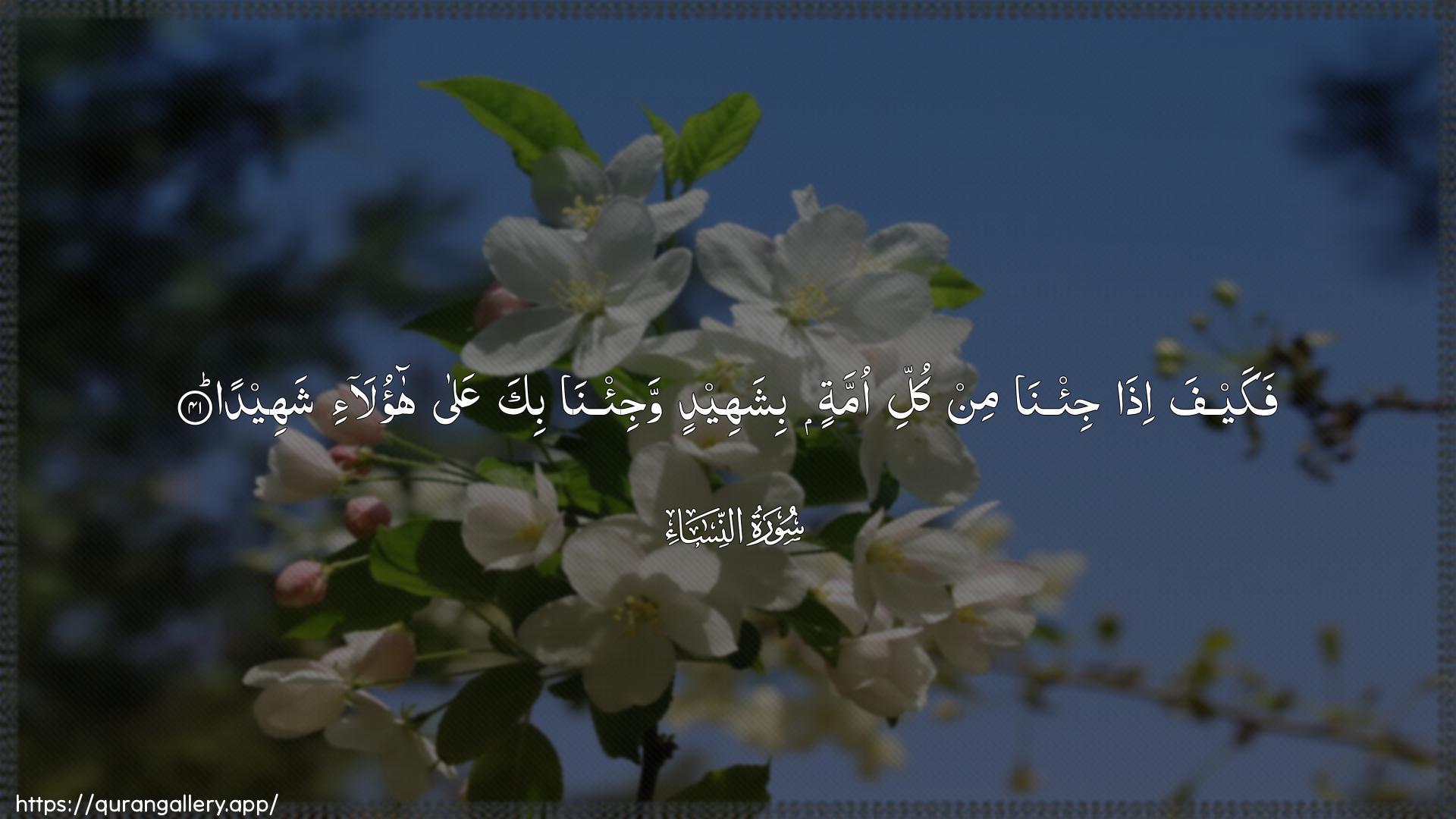 Surah An-Nisaa Ayah 41 of 4 HD Wallpaper: Download Beautiful horizontal Quran Verse Image | Fakayfa itha ji/na min kulliommatin bishaheedin waji/na bika AAala haola-ishaheeda