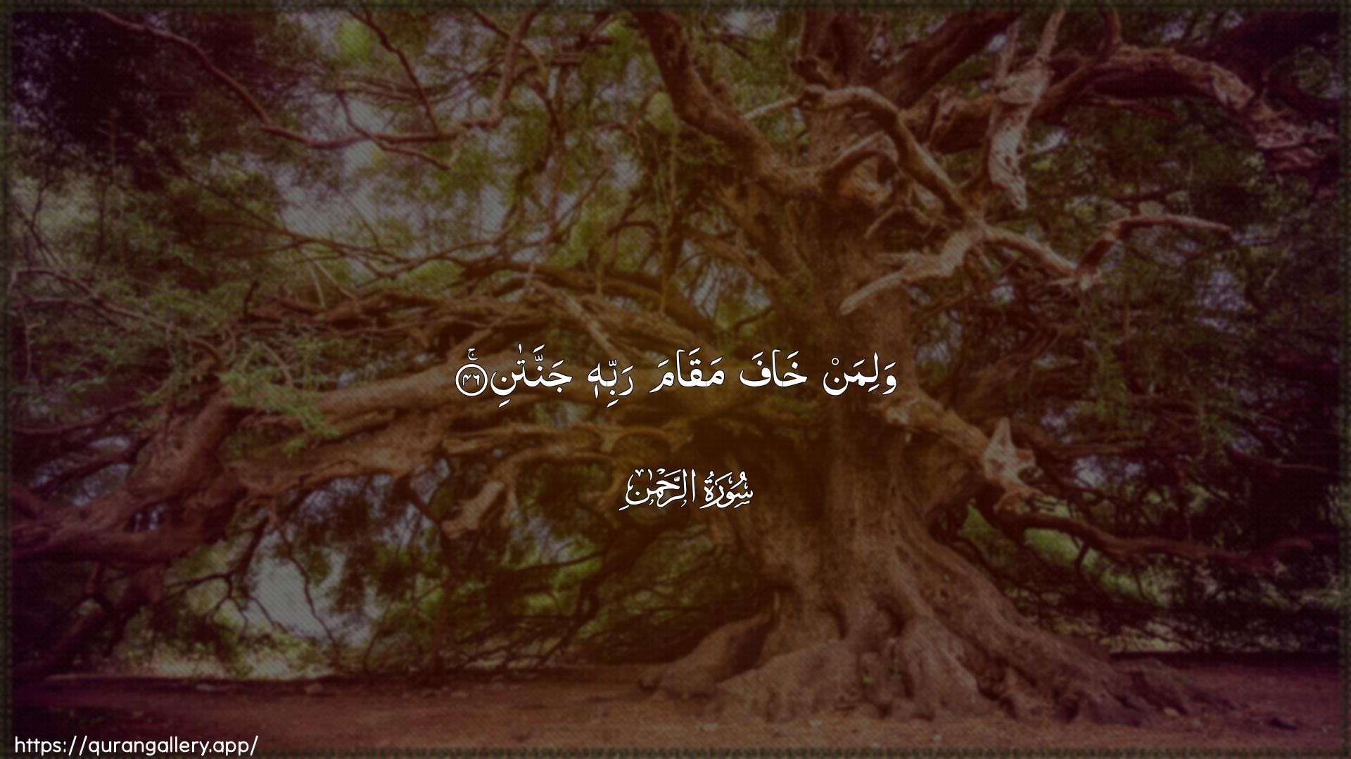 Surah Ar-Rahmaan Ayah 46 of 55 HD Wallpaper: Download Beautiful horizontal Quran Verse Image | Waliman khafa maqama rabbihijannatan