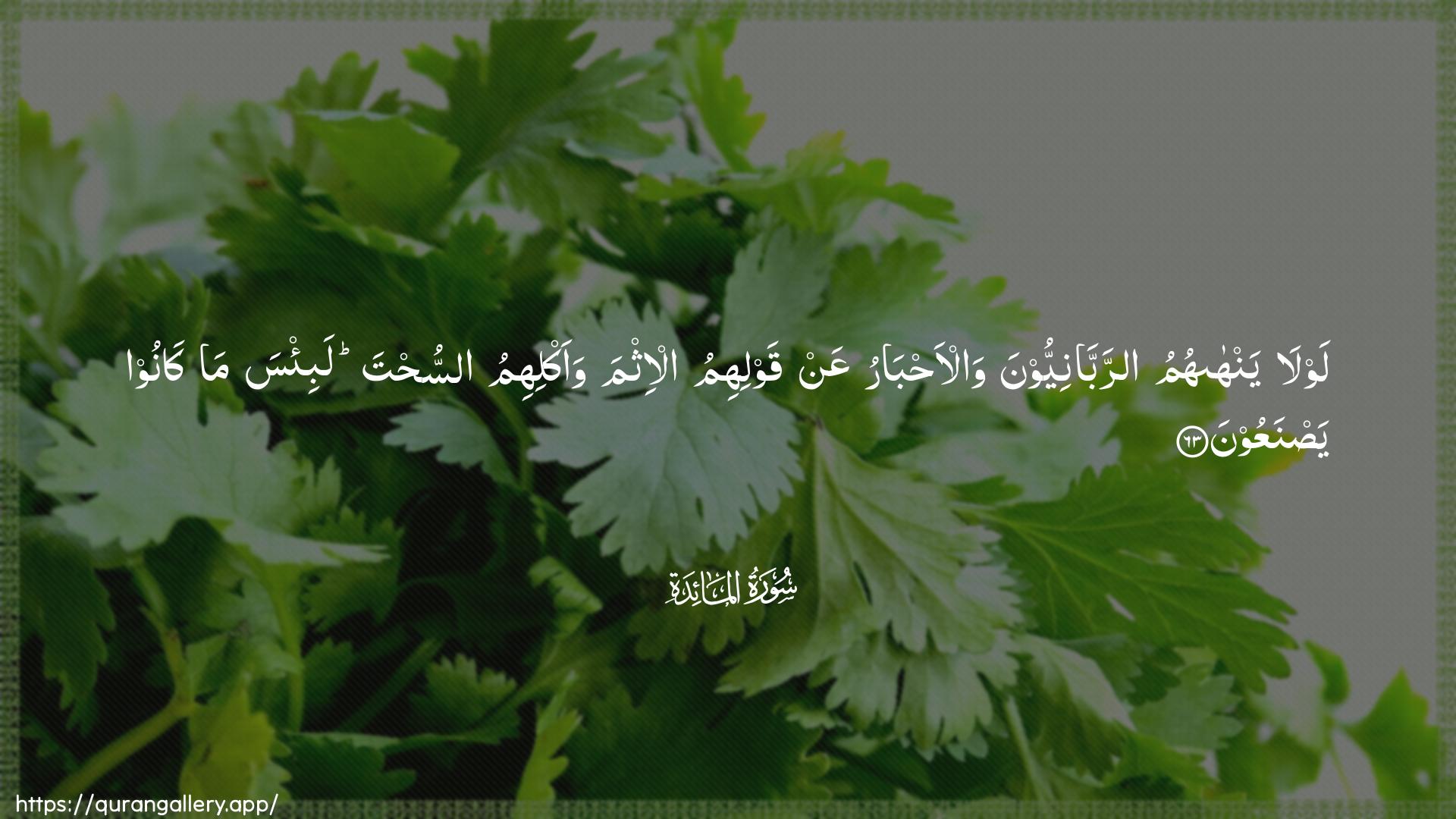 Surah Al-Maaida Ayah 63 of 5 HD Wallpaper: Download Beautiful horizontal Quran Verse Image | Lawla yanhahumu arrabbaniyyoonawal-ahbaru AAan qawlihimu al-ithmawaaklihimu assuhta labi/sa ma kanooyasnaAAoon