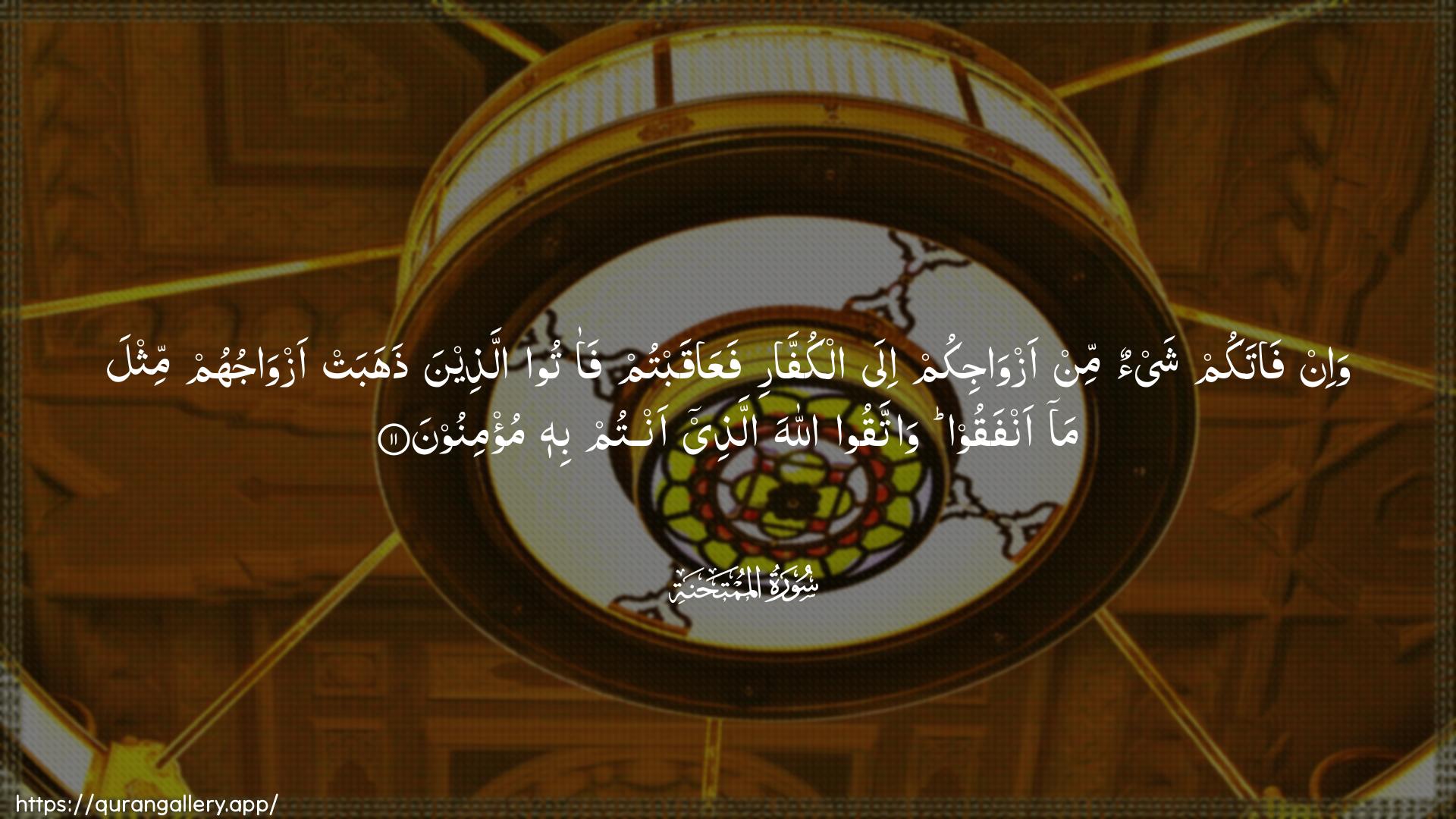 Surah Al-Mumtahana Ayah 11 of 60 HD Wallpaper: Download Beautiful horizontal Quran Verse Image | Wa-in fatakum shay-on min azwajikumila alkuffari faAAaqabtum faatoo allatheenathahabat azwajuhum mithla ma anfaqoo wattaqooAllaha allathee antum bihi mu/minoon