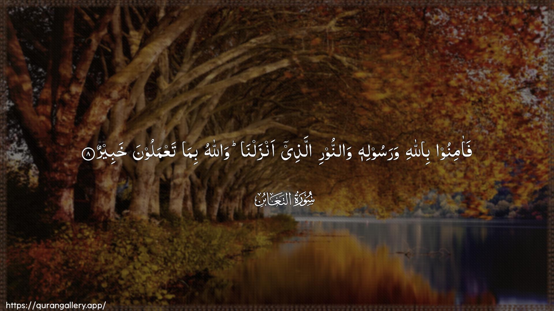 Surah At-Taghaabun Ayah 8 of 64 HD Wallpaper: Download Beautiful horizontal Quran Verse Image | Faaminoo billahiwarasoolihi wannoori allathee anzalna wallahubima taAAmaloona khabeer