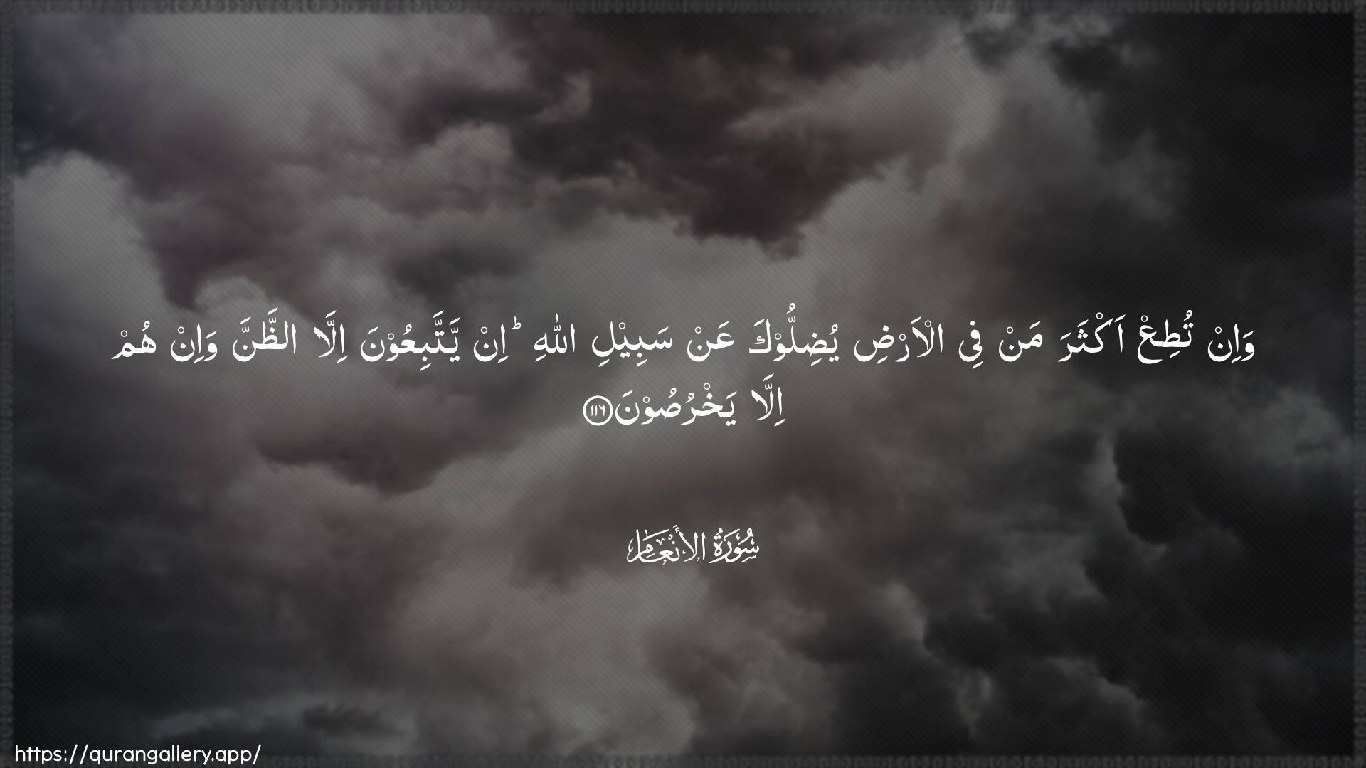 Surah Al-An"aam Ayah 116 of 6 HD Wallpaper: Download Beautiful horizontal Quran Verse Image | Wa-in tutiAA akthara man fee al-ardiyudillooka AAan sabeeli Allahi in yattabiAAoona illaaththanna wa-in hum illa yakhrusoon