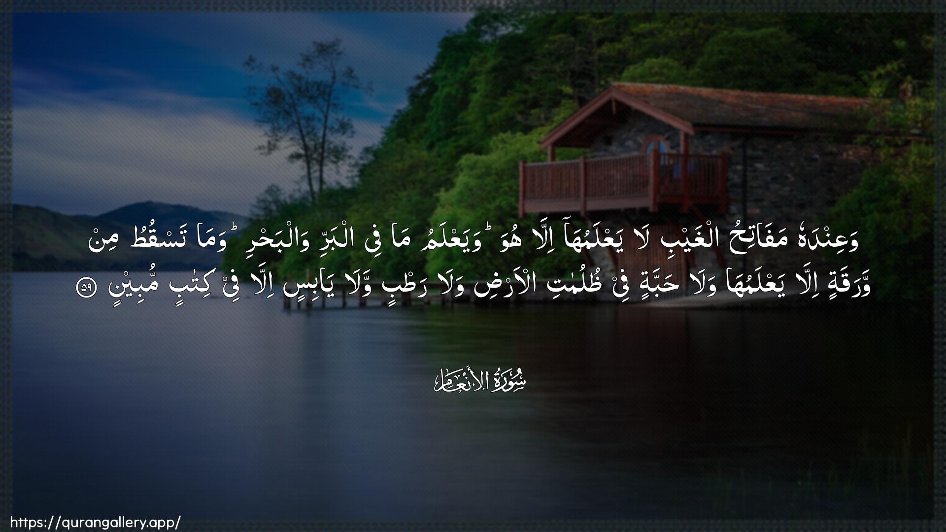 Surah Al-An"aam Ayah 59 of 6 HD Wallpaper: Download Beautiful horizontal Quran Verse Image | WaAAindahu mafatihu alghaybi layaAAlamuha illa huwa wayaAAlamu ma feealbarri walbahri wama tasqutu minwaraqatin illa yaAAlamuha wala habbatinfee thulumati al-ardi wala ratbinwala yabisin illa fee kitabin mubeen