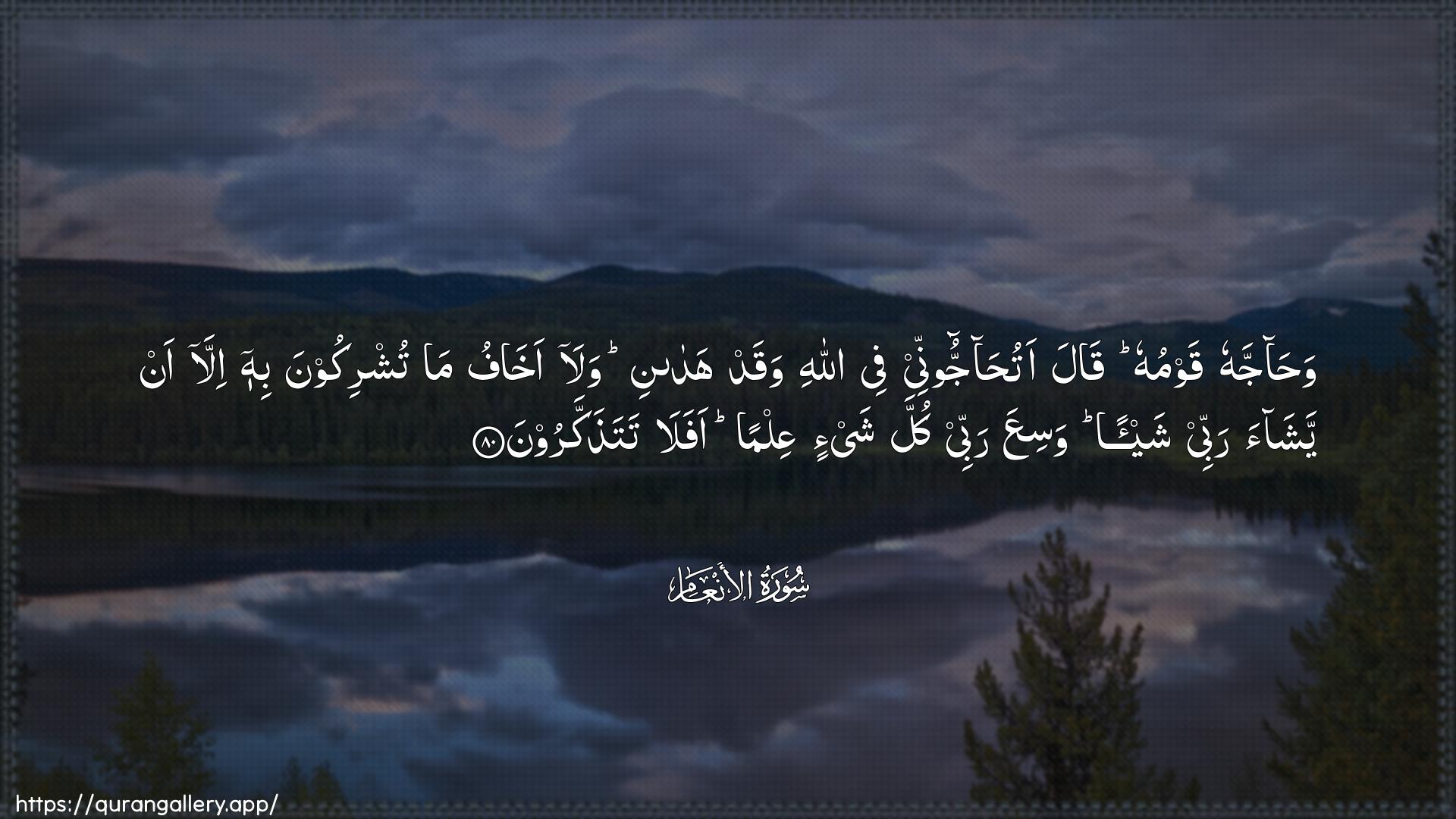 Surah Al-An"aam Ayah 80 of 6 HD Wallpaper: Download Beautiful horizontal Quran Verse Image | Wahajjahu qawmuhu qala atuhajjoonneefee Allahi waqad hadani wala akhafu matushrikoona bihi illa an yashaa rabbee shay-anwasiAAa rabbee kulla shay-in AAilman afala tatathakkaroon