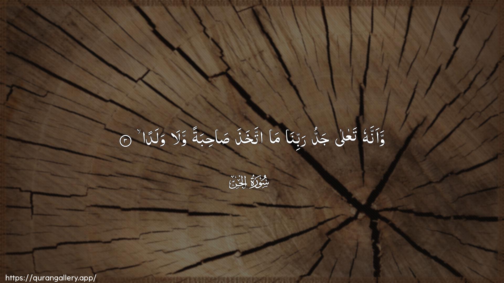 Surah Al-Jinn Ayah 3 of 72 HD Wallpaper: Download Beautiful horizontal Quran Verse Image | Waannahu taAAala jaddu rabbinama ittakhatha sahibatan wala walada