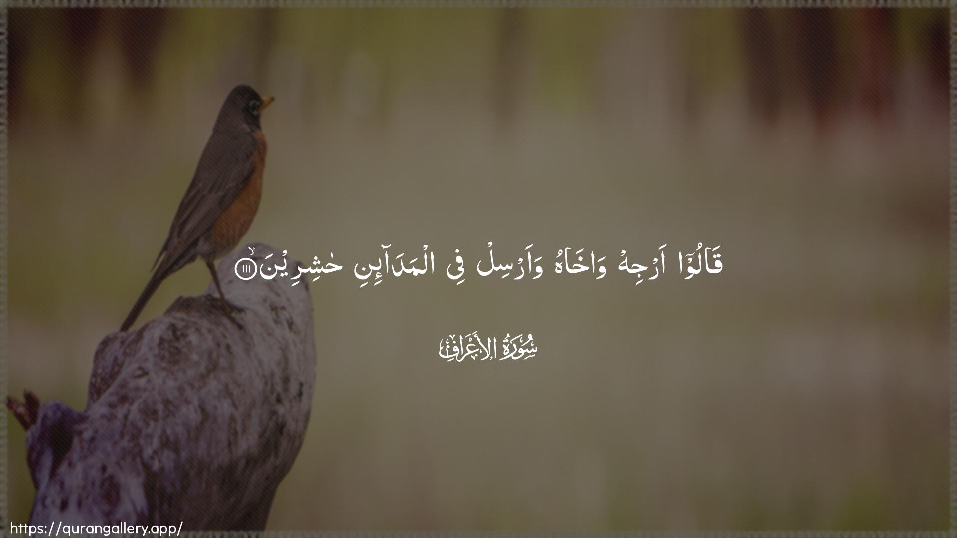 Surah Al-A"raaf Ayah 111 of 7 HD Wallpaper: Download Beautiful horizontal Quran Verse Image | Qaloo arjih waakhahu waarsilfee almada-ini hashireen