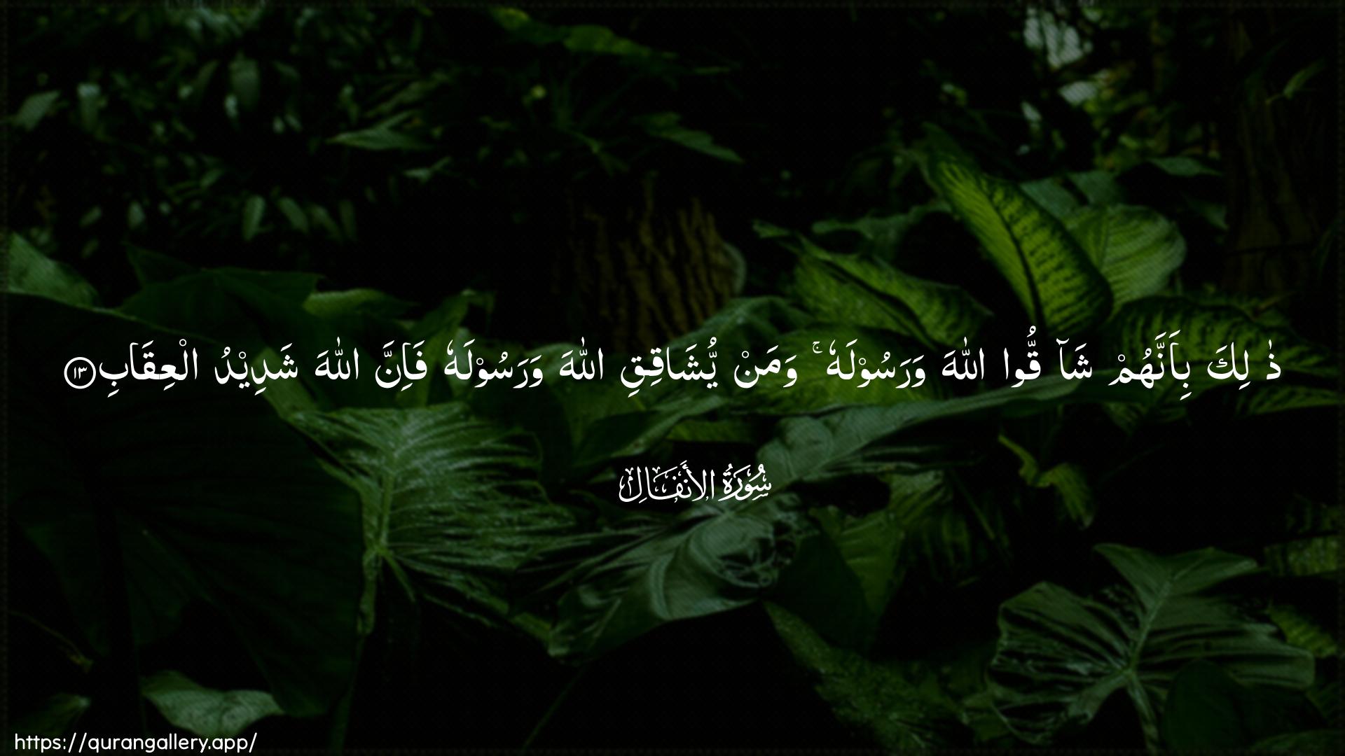 Surah Al-Anfaal Ayah 13 of 8 HD Wallpaper: Download Beautiful horizontal Quran Verse Image | Thalika bi-annahum shaqqoo Allahawarasoolahu waman yushaqiqi Allaha warasoolahufa-inna Allaha shadeedu alAAiqab