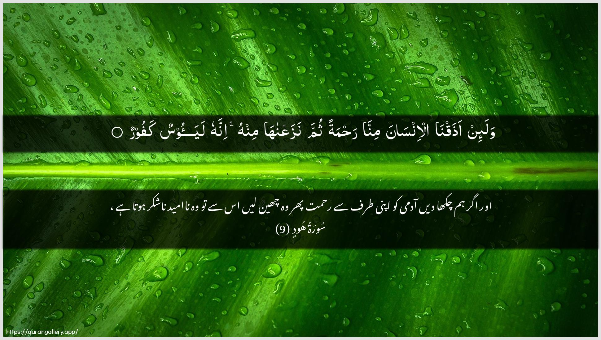 Surah Hud Ayah 9 of 11 HD Wallpaper: Download Beautiful horizontal Quran Verse Image | Wala-in athaqna al-insanaminna rahmatan thumma nazaAAnahaminhu innahu layaoosun kafoor