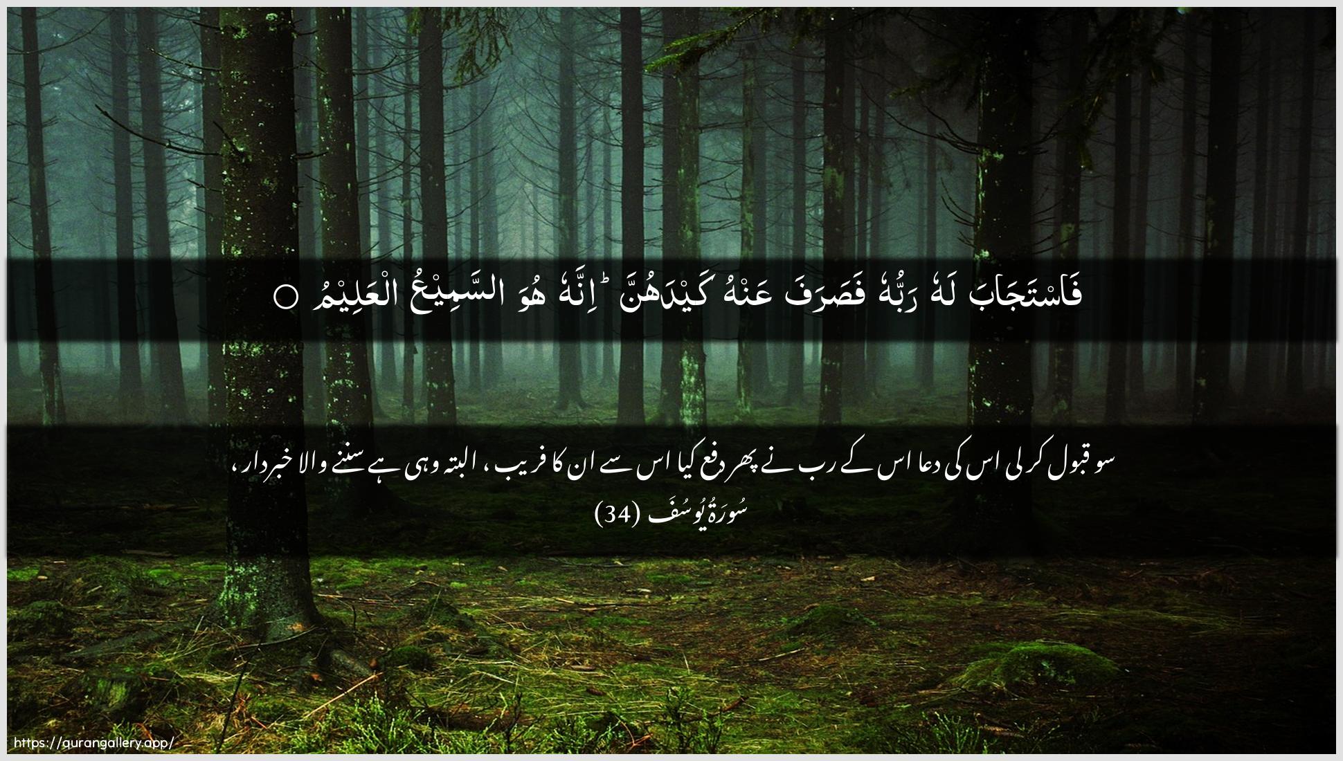 Surah Yusuf Ayah 34 of 12 HD Wallpaper: Download Beautiful horizontal Quran Verse Image | Fastajaba lahu rabbuhu fasarafaAAanhu kaydahunna innahu huwa assameeAAu alAAaleem