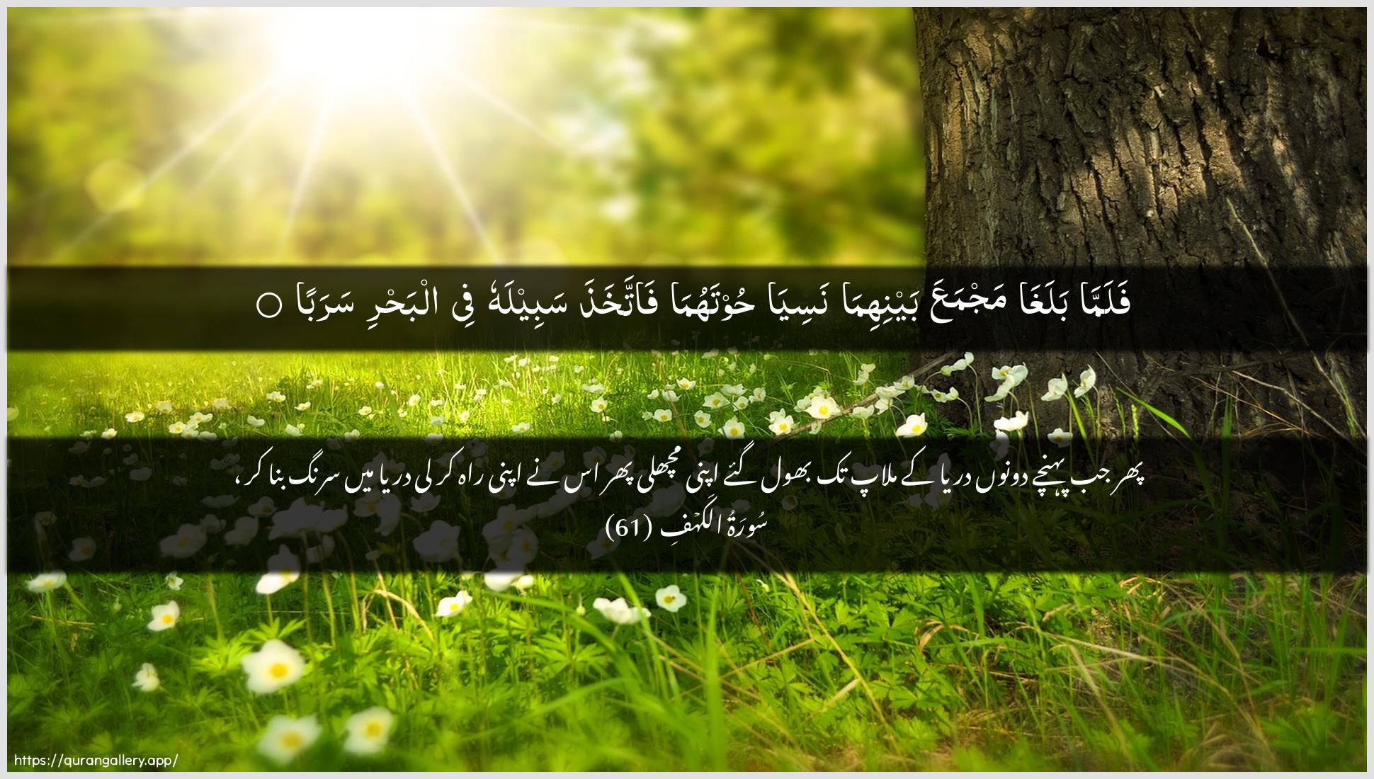 Surah Al-Kahf Ayah 61 of 18 HD Wallpaper: Download Beautiful horizontal Quran Verse Image | Falamma balagha majmaAAabaynihima nasiya hootahuma fattakhathasabeelahu fee albahri saraba