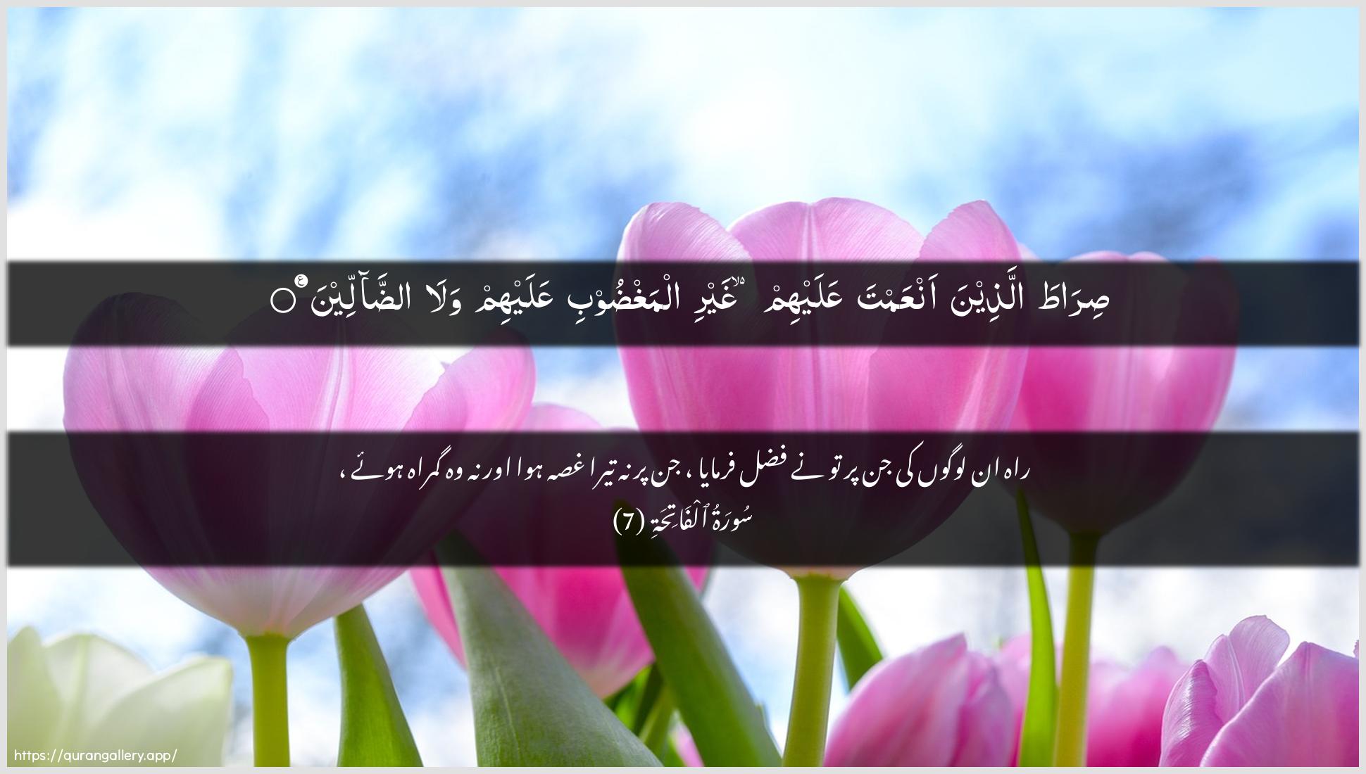 Surah Al-Faatiha Ayah 7 of 1 HD Wallpaper: Download Beautiful horizontal Quran Verse Image | Sirata allatheena anAAamta AAalayhim ghayri almaghdoobi AAalayhim wala addalleen