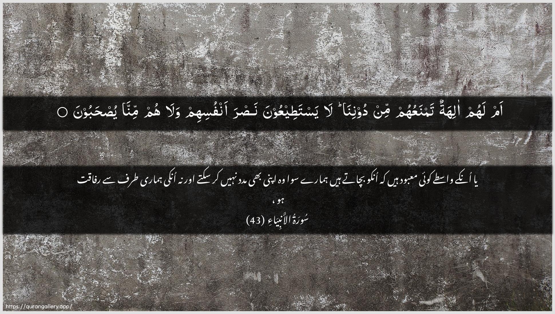 Surah Al-Anbiyaa Ayah 43 of 21 HD Wallpaper: Download Beautiful horizontal Quran Verse Image | Am lahum alihatun tamnaAAuhum mindoonina la yastateeAAoona nasraanfusihim wala hum minna yushaboon