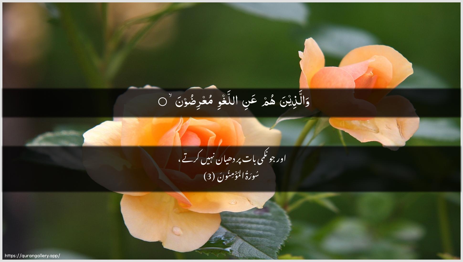 Surah Al-Muminoon Ayah 3 of 23 HD Wallpaper: Download Beautiful horizontal Quran Verse Image | Wallatheena hum AAani allaghwimuAAridoon