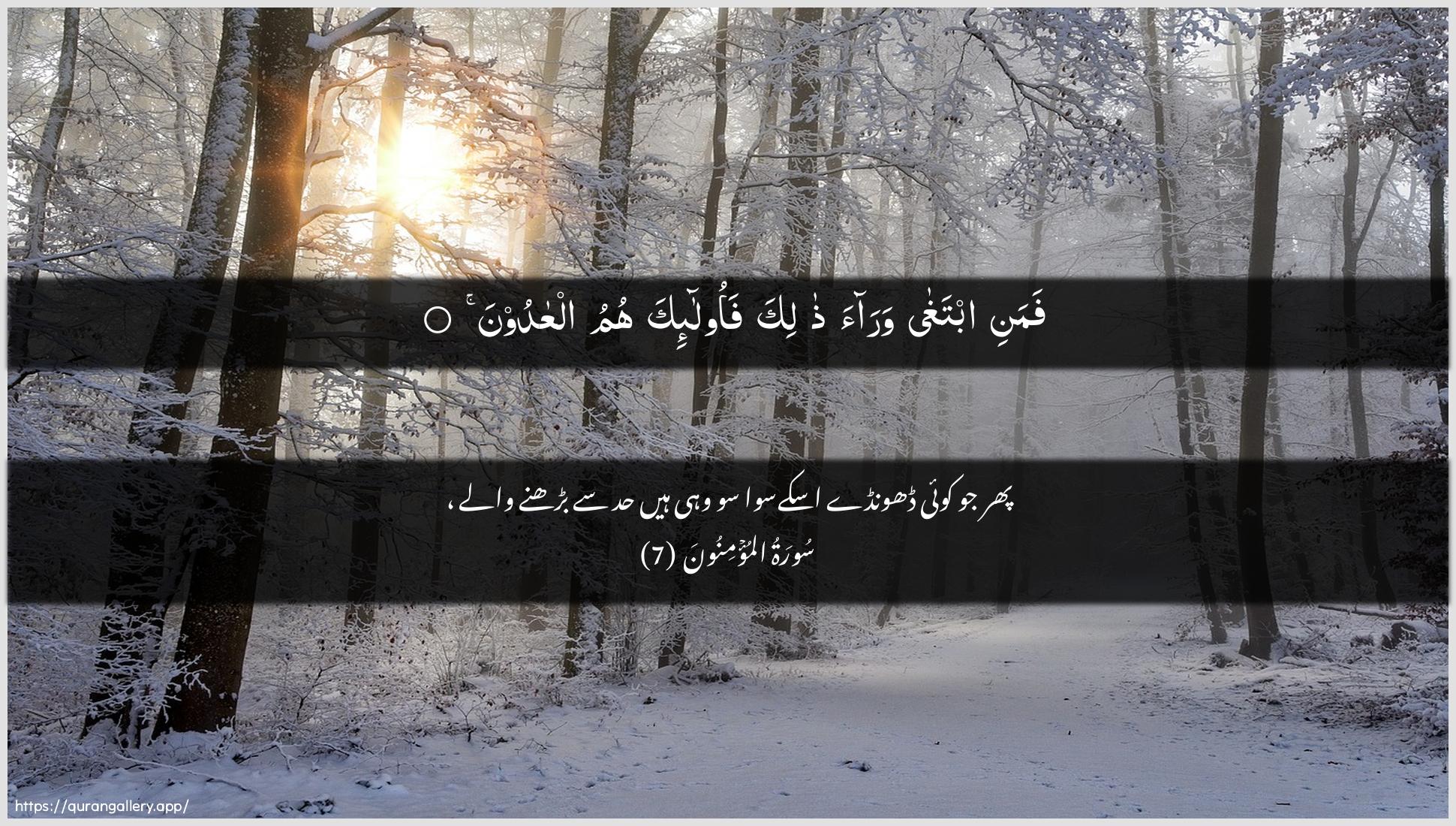 Surah Al-Muminoon Ayah 7 of 23 HD Wallpaper: Download Beautiful horizontal Quran Verse Image | Famani ibtagha waraa thalikafaola-ika humu alAAadoon