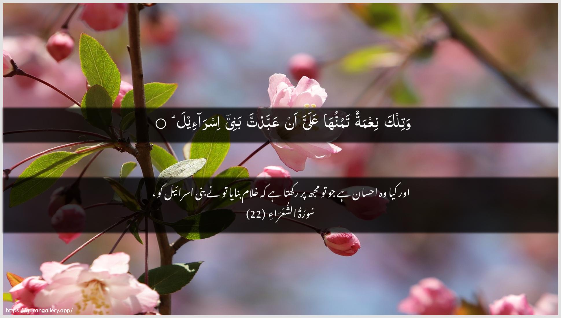 Surah Ash-Shu"araa Ayah 22 of 26 HD Wallpaper: Download Beautiful horizontal Quran Verse Image | Watilka niAAmatun tamunnuha AAalayyaan AAabbadta banee isra-eel