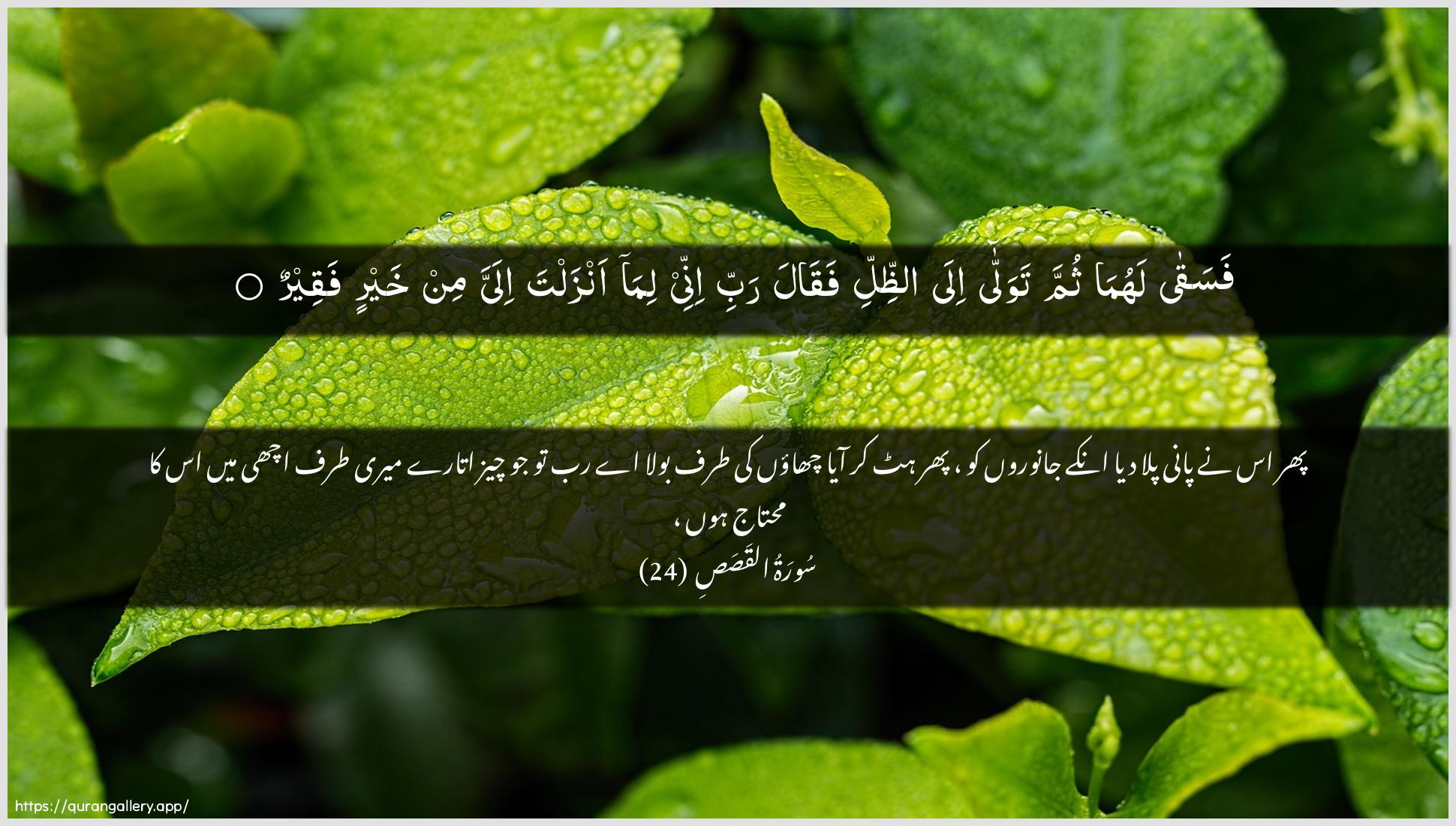 Surah Al-Qasas Ayah 24 of 28 HD Wallpaper: Download Beautiful horizontal Quran Verse Image | Fasaqa lahuma thumma tawallaila aththilli faqala rabbiinnee lima anzalta ilayya min khayrin faqeer