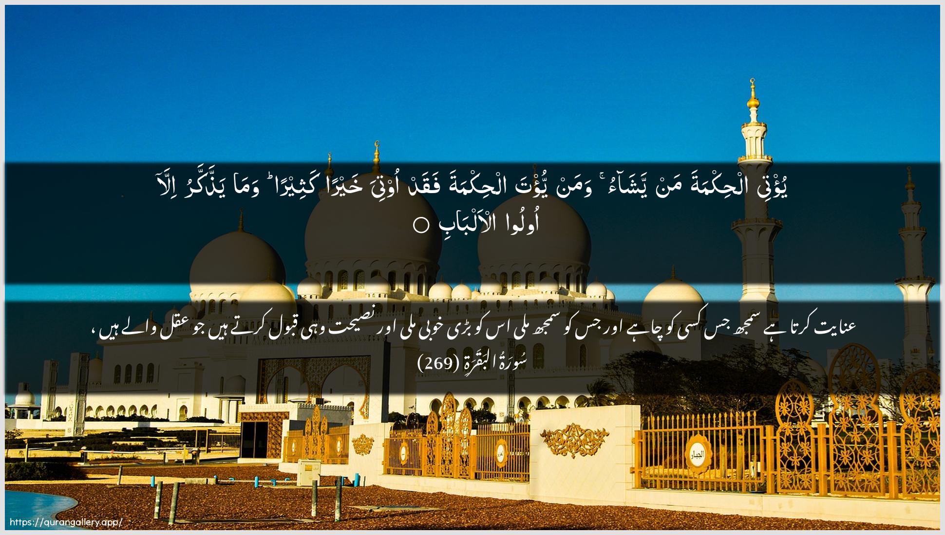 Surah Al-Baqara Ayah 269 of 2 HD Wallpaper: Download Beautiful horizontal Quran Verse Image | Yu/tee alhikmata man yashaowaman yu/ta alhikmata faqad ootiya khayran katheeran wamayaththakkaru illa oloo al-albab