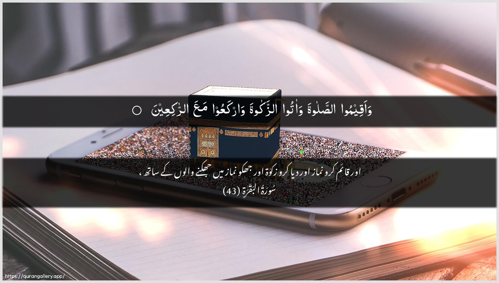 Surah Al-Baqara Ayah 43 of 2 HD Wallpaper: Download Beautiful horizontal Quran Verse Image | Waaqeemoo assalata waatooazzakata warkaAAoo maAAa arrakiAAeen