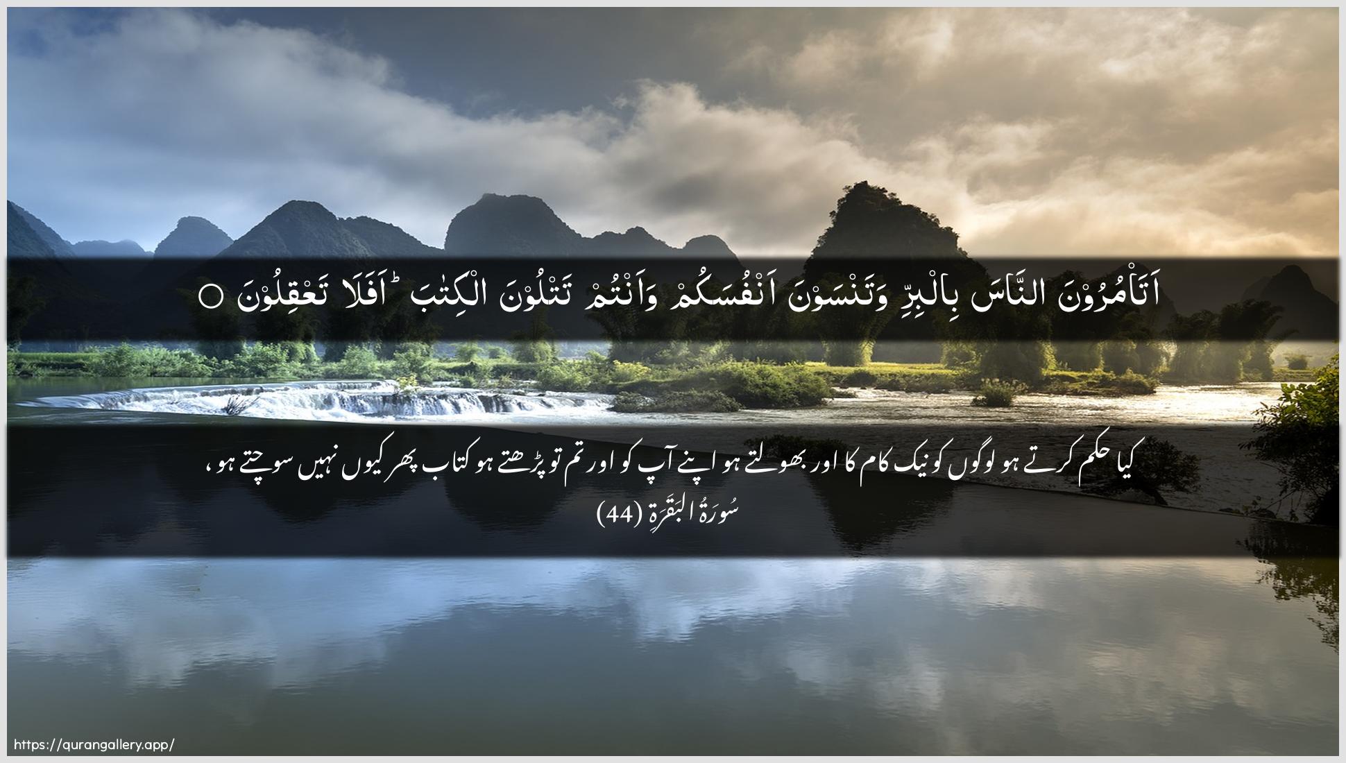 Surah Al-Baqara Ayah 44 of 2 HD Wallpaper: Download Beautiful horizontal Quran Verse Image | Ata/muroona annasa bilbirriwatansawna anfusakum waantum tatloona alkitaba afalataAAqiloon