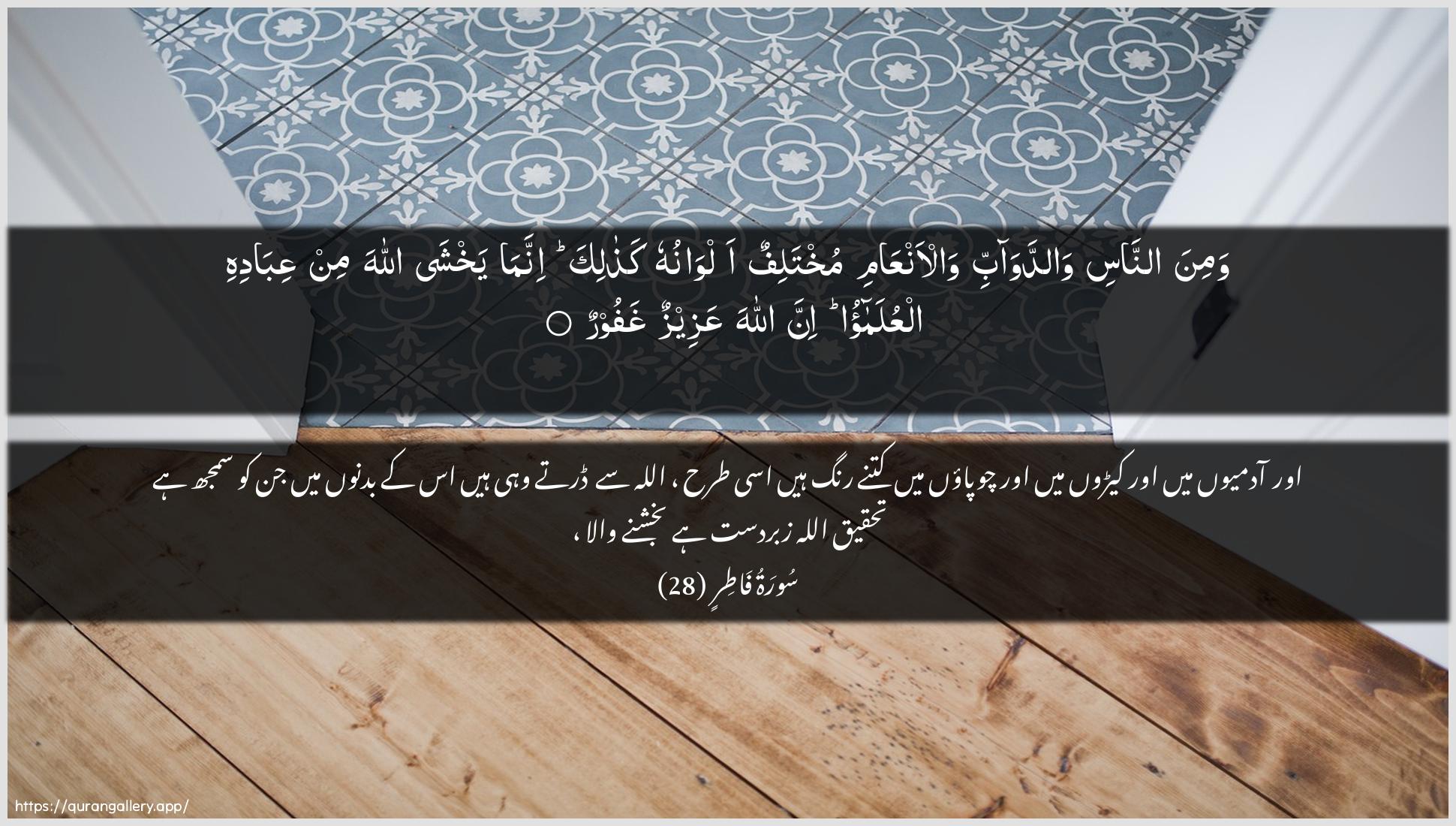 Surah Faatir Ayah 28 of 35 HD Wallpaper: Download Beautiful horizontal Quran Verse Image | Wamina annasi waddawabbiwal-anAAami mukhtalifun alwanuhu kathalikainnama yakhsha Allaha min AAibadihialAAulamao inna Allaha AAazeezun ghafoor