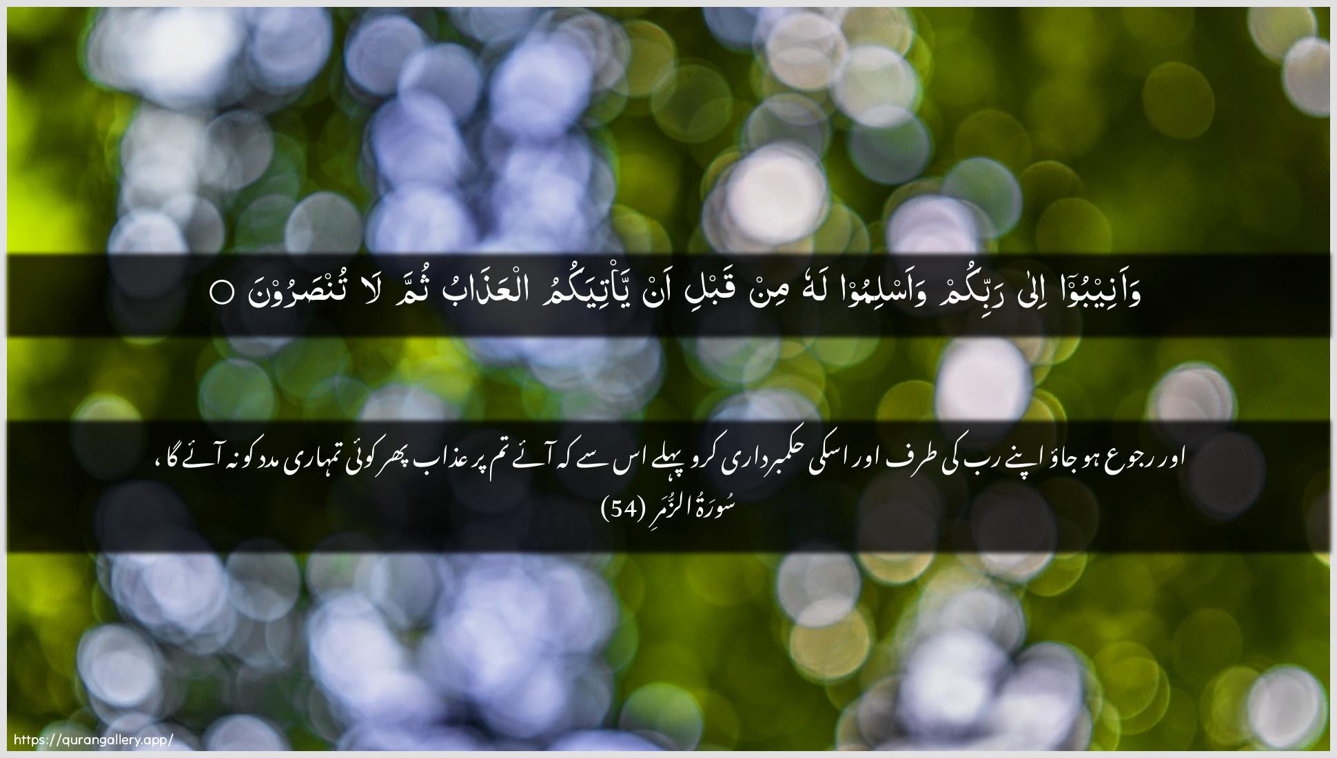 Surah Az-Zumar Ayah 54 of 39 HD Wallpaper: Download Beautiful horizontal Quran Verse Image | Waaneeboo ila rabbikum waaslimoo lahumin qabli an ya/tiyakumu alAAathabu thumma la tunsaroon