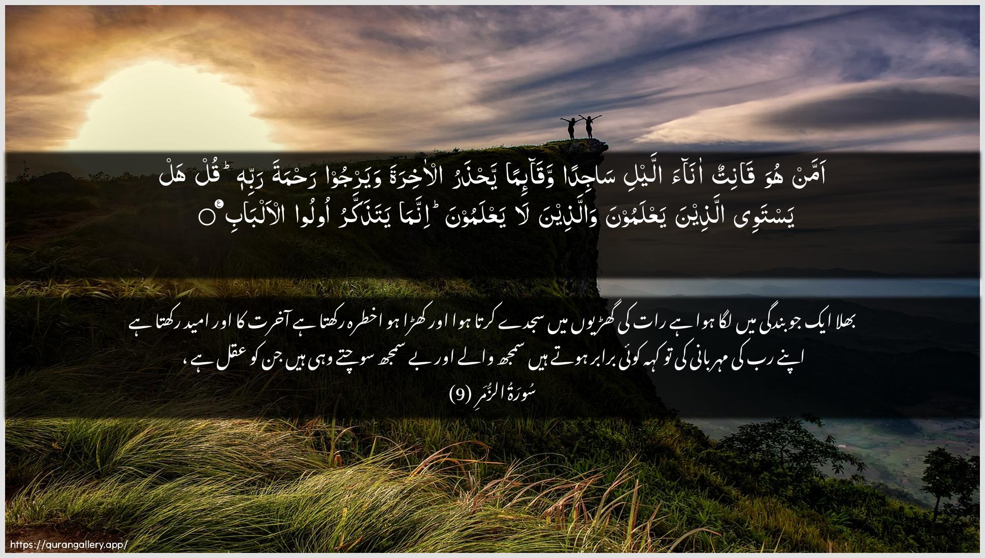 Surah Az-Zumar Ayah 9 of 39 HD Wallpaper: Download Beautiful horizontal Quran Verse Image | Amman huwa qanitun anaaallayli sajidan waqa-iman yahtharu al-akhiratawayarjoo rahmata rabbihi qul hal yastawee allatheenayaAAlamoona wallatheena la yaAAlamoonainnama yatathakkaru oloo al-albab