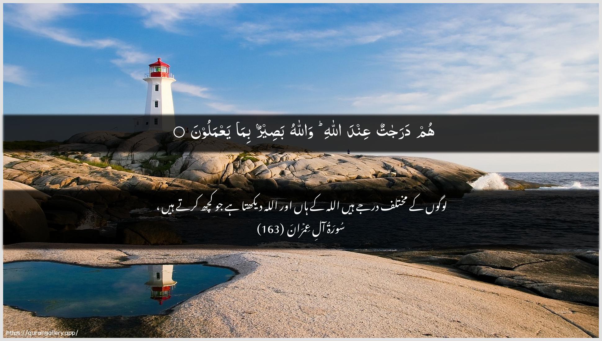 Surah Aal-i-Imraan Ayah 163 of 3 HD Wallpaper: Download Beautiful horizontal Quran Verse Image | Hum darajatun AAinda Allahiwallahu baseerun bima yaAAmaloon