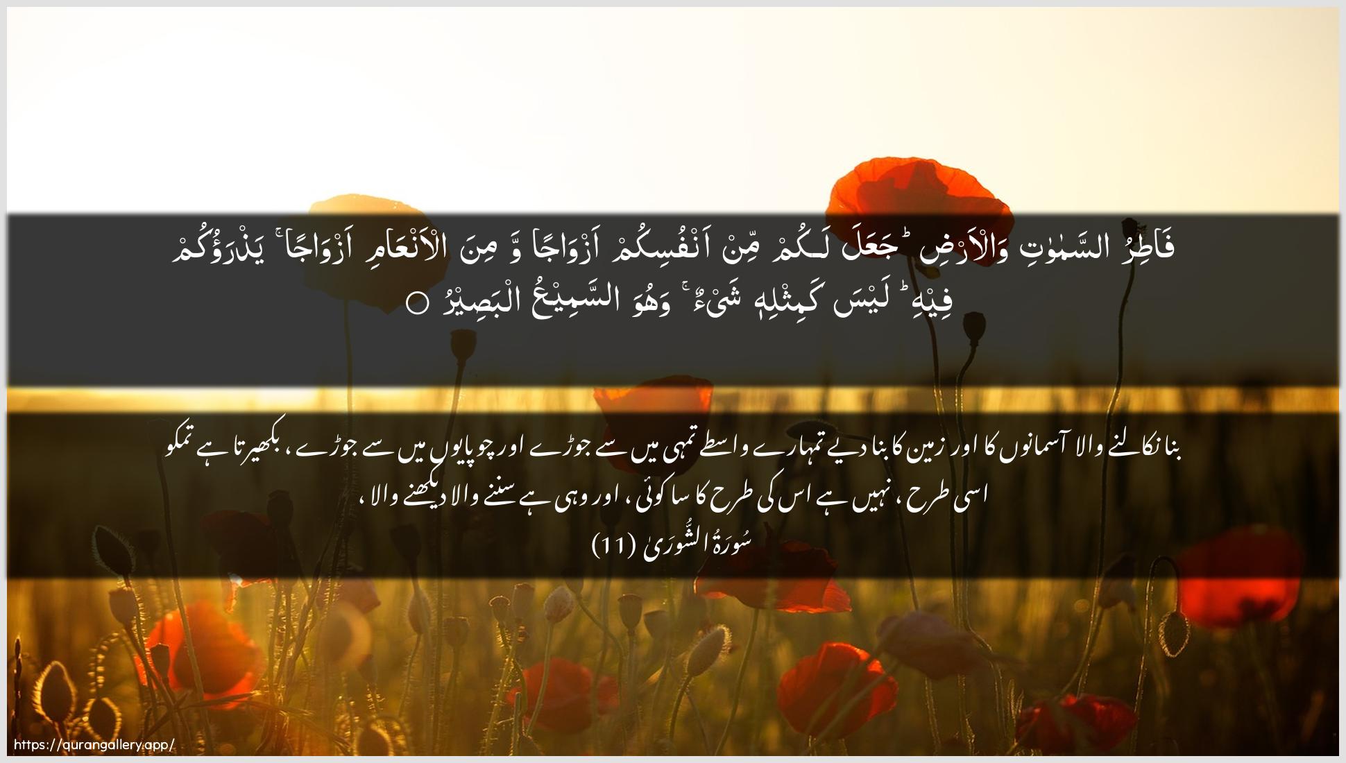 Surah Ash-Shura Ayah 11 of 42 HD Wallpaper: Download Beautiful horizontal Quran Verse Image | Fatiru assamawatiwal-ardi jaAAala lakum min anfusikum azwajanwamina al-anAAami azwajan yathraokum feehilaysa kamithlihi shay-on wahuwa assameeAAu albaseer