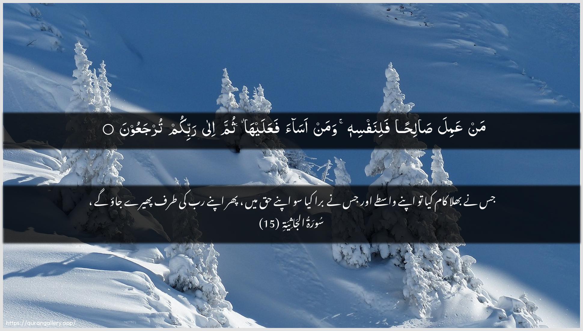 Surah Al-Jaathiya Ayah 15 of 45 HD Wallpaper: Download Beautiful horizontal Quran Verse Image | Man AAamila salihanfalinafsihi waman asaa faAAalayha thumma ilarabbikum turjaAAoon