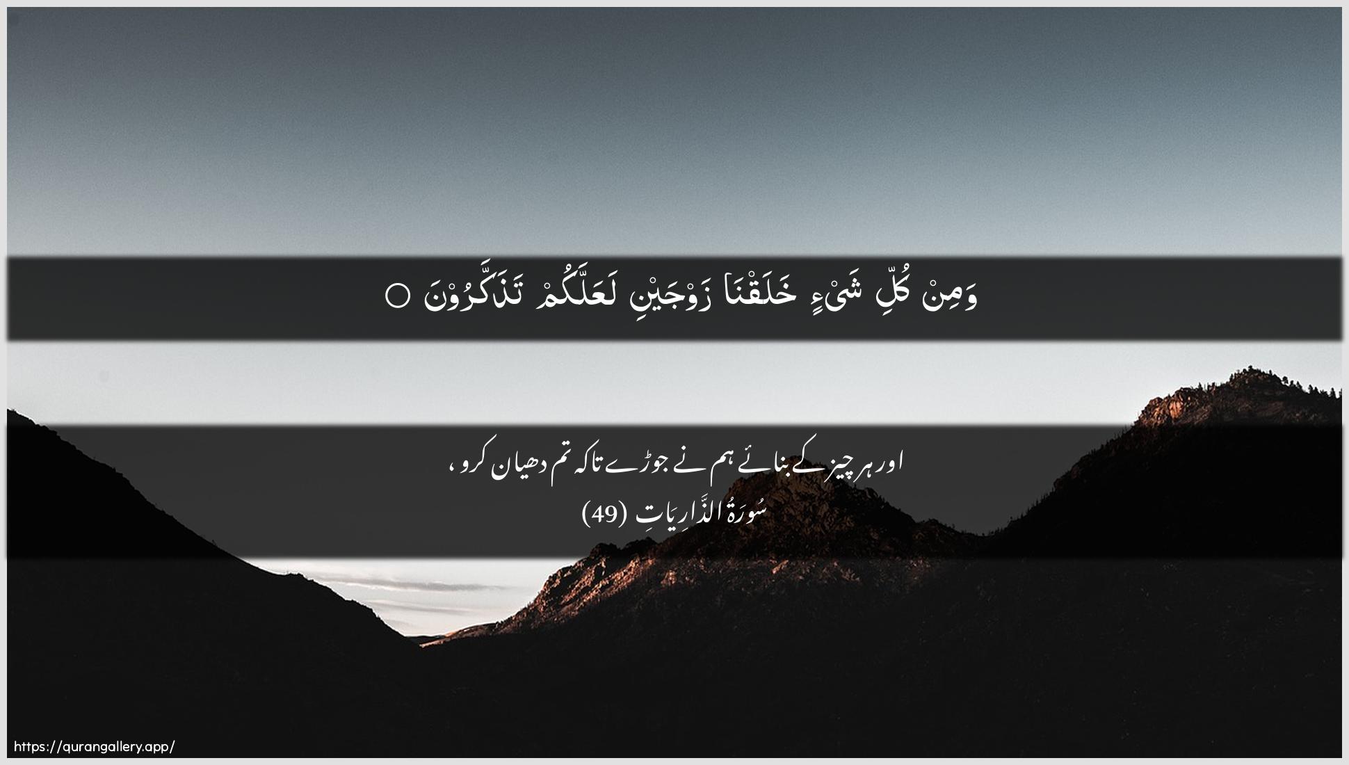 Surah Adh-Dhaariyat Ayah 49 of 51 HD Wallpaper: Download Beautiful horizontal Quran Verse Image | Wamin kulli shay-in khalaqna zawjaynilaAAallakum tathakkaroon