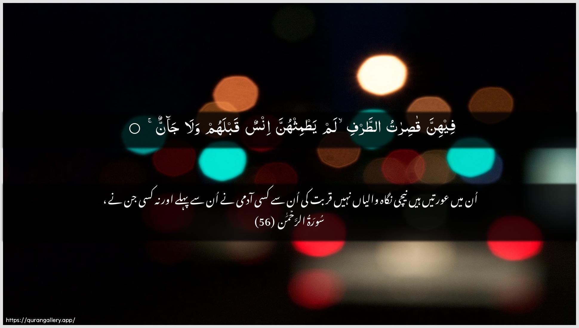 Surah Ar-Rahmaan Ayah 56 of 55 HD Wallpaper: Download Beautiful horizontal Quran Verse Image | Feehinna qasiratu attarfilam yatmithhunna insun qablahum wala jan