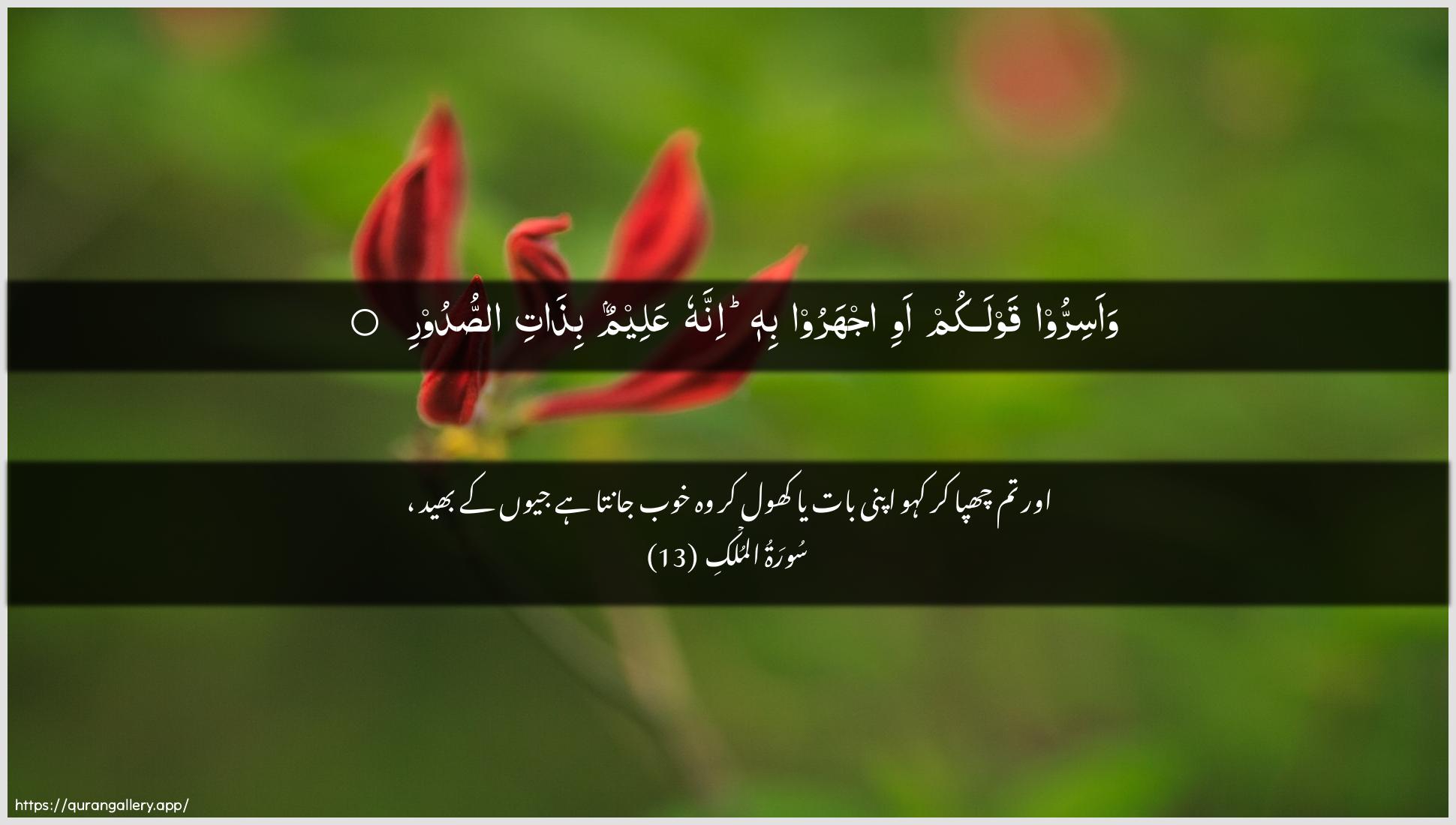 Surah Al-Mulk Ayah 13 of 67 HD Wallpaper: Download Beautiful horizontal Quran Verse Image | Waasirroo qawlakum awi ijharoo bihi innahuAAaleemun bithati assudoor