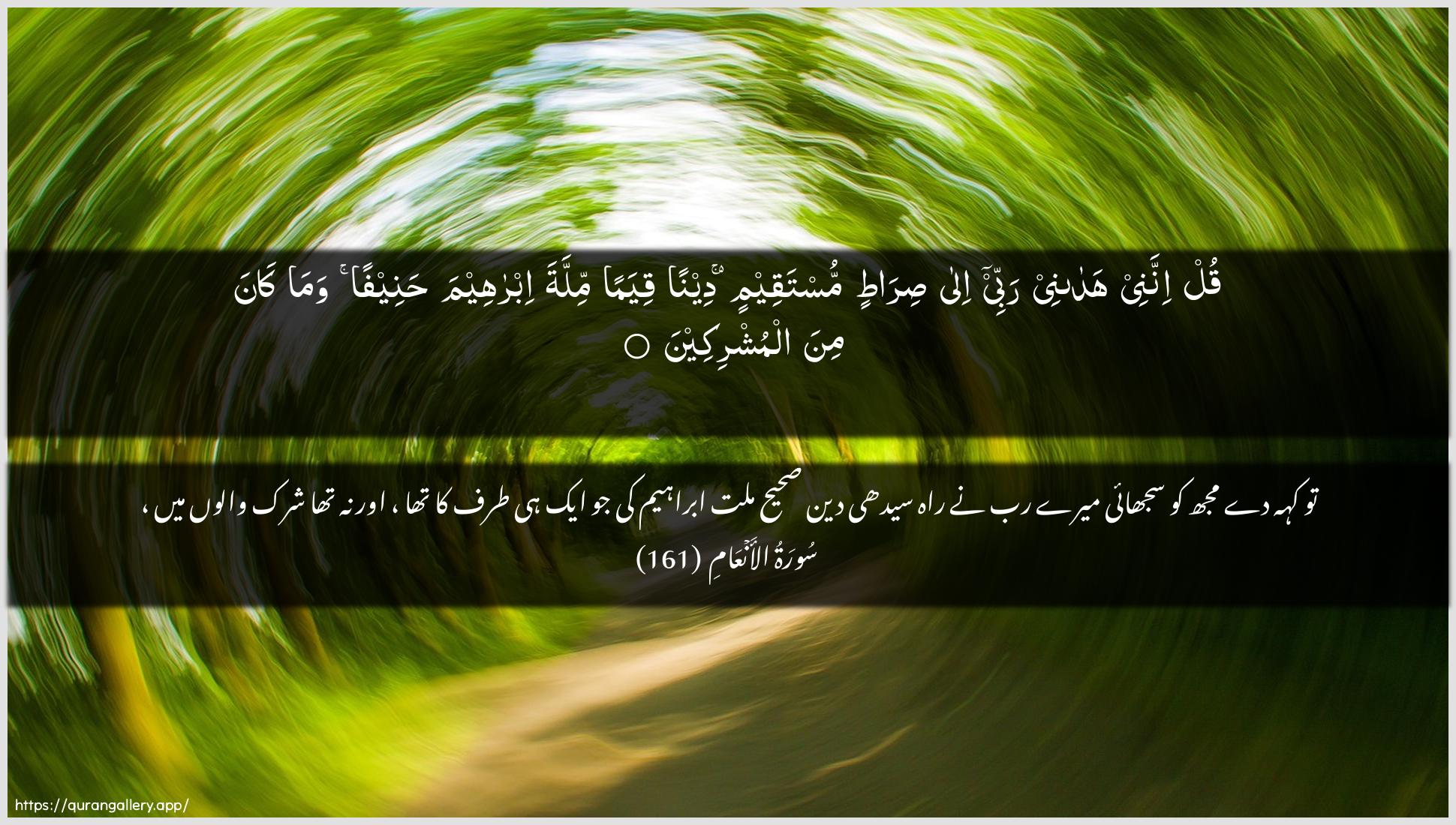 Surah Al-An"aam Ayah 161 of 6 HD Wallpaper: Download Beautiful horizontal Quran Verse Image | Qul innanee hadanee rabbee ilasiratin mustaqeemin deenan qiyaman millata ibraheemahaneefan wama kana mina almushrikeen