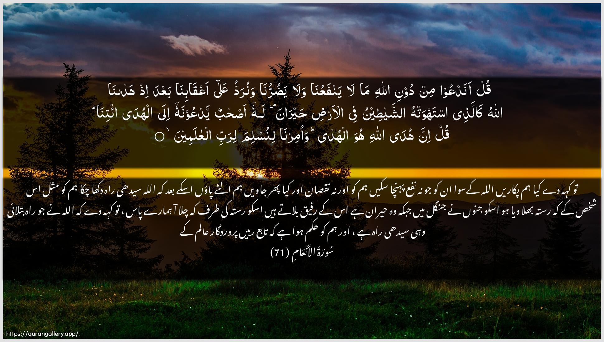 Surah Al-An"aam Ayah 71 of 6 HD Wallpaper: Download Beautiful horizontal Quran Verse Image | Qul anadAAoo min dooni Allahi mala yanfaAAuna wala yadurrunawanuraddu AAala aAAqabina baAAda ithhadana Allahu kallathee istahwat-huashshayateenu fee al-ardi hayranalahu as-habun yadAAoonahu ila alhudai/tina qul inna huda Allahi huwa alhudawaomirna linuslima lirabbi alAAalameen