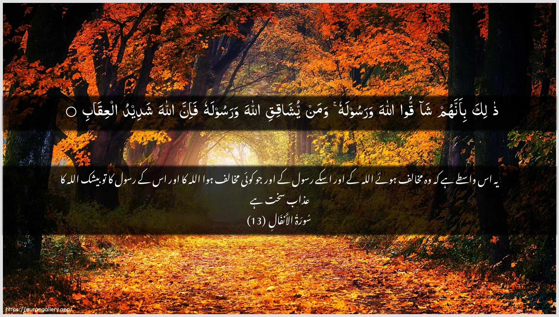 Surah Al-Anfaal Ayah 13 of 8 HD Wallpaper: Download Beautiful horizontal Quran Verse Image | Thalika bi-annahum shaqqoo Allahawarasoolahu waman yushaqiqi Allaha warasoolahufa-inna Allaha shadeedu alAAiqab