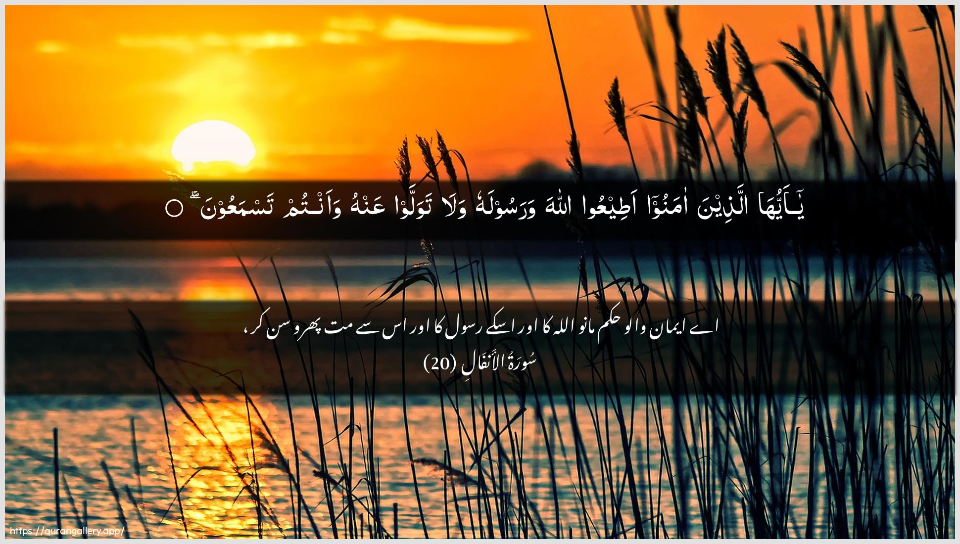 Surah Al-Anfaal Ayah 20 of 8 HD Wallpaper: Download Beautiful horizontal Quran Verse Image | Ya ayyuha allatheena amanooateeAAoo Allaha warasoolahu wala tawallawAAanhu waantum tasmaAAoon